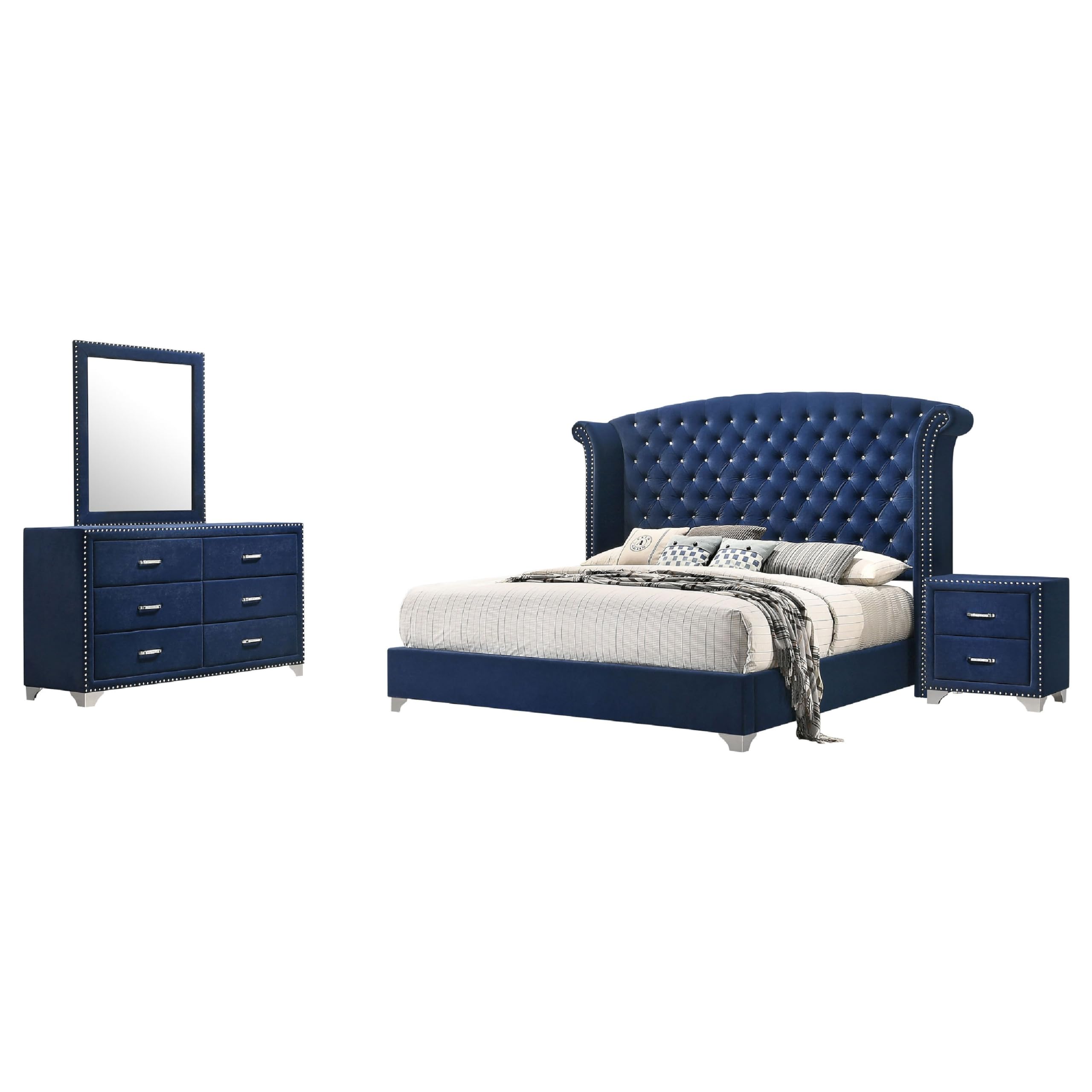 Giya 4pc King Bedroom Set, Classic Tufted Dark Blue Velvet Upholstery