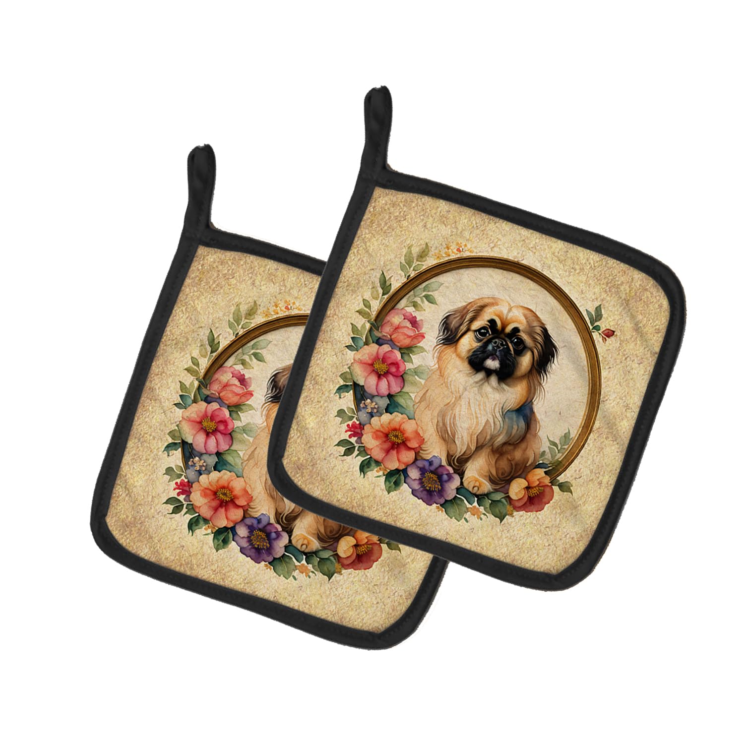 Pekingese and Flowers Pair of Pot Holders