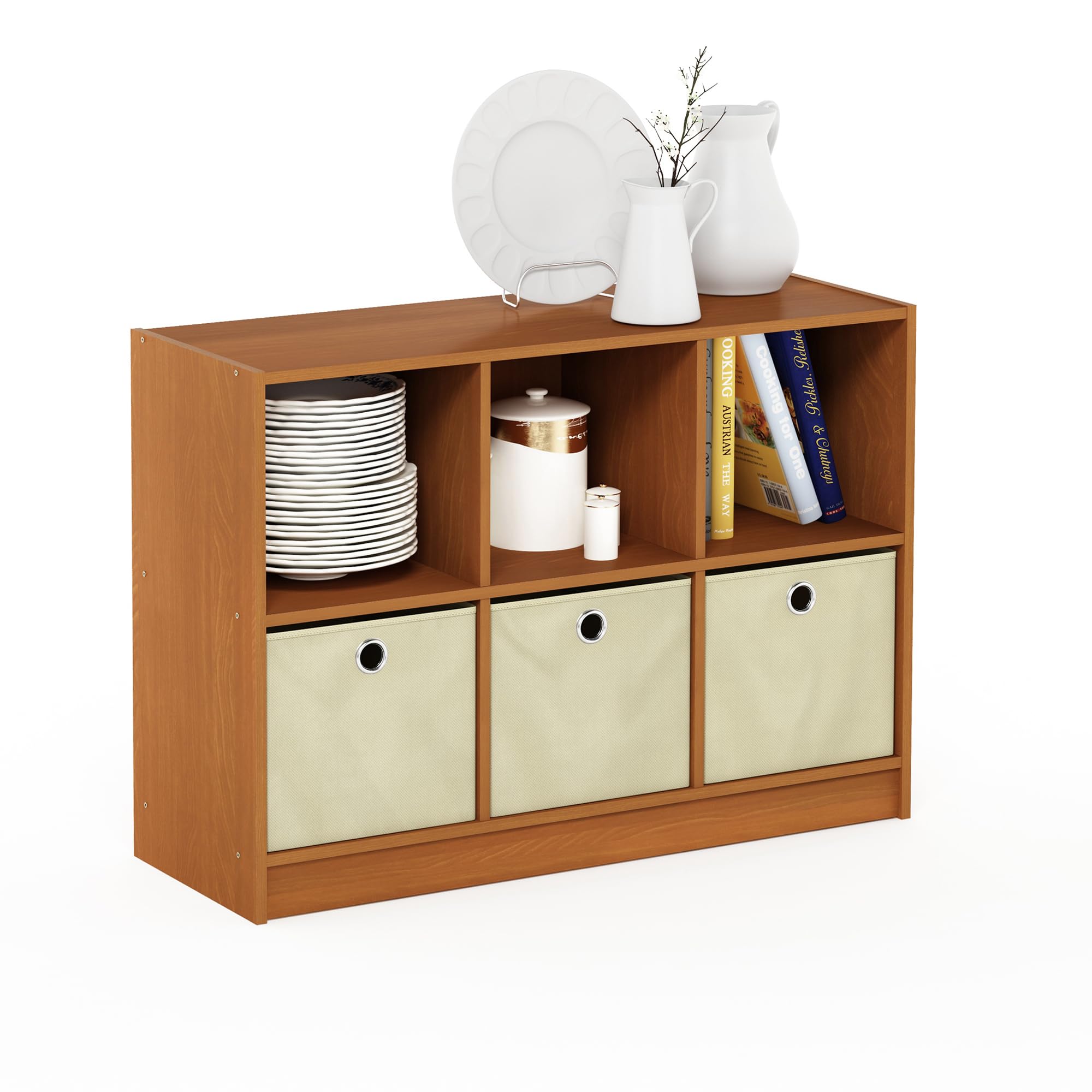 Furinno 99940LC/IV Basic 3x2 Bookcase Storage w/Bins, Light Cherry/Ivory