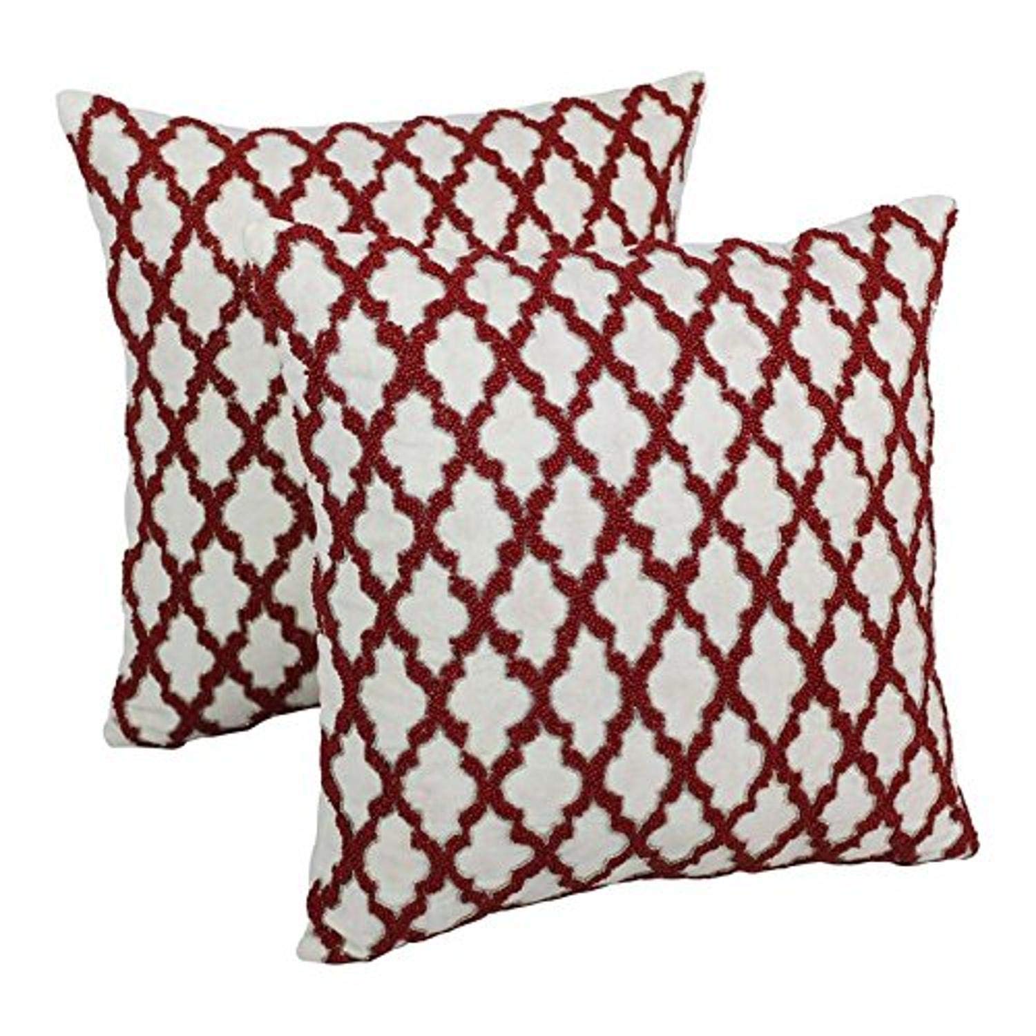 Blazing Needles 20-inch Moroccan Patterned Beaded Cotton Throw Pillows (Set of 2) - Red Beads/Ivory Fabric