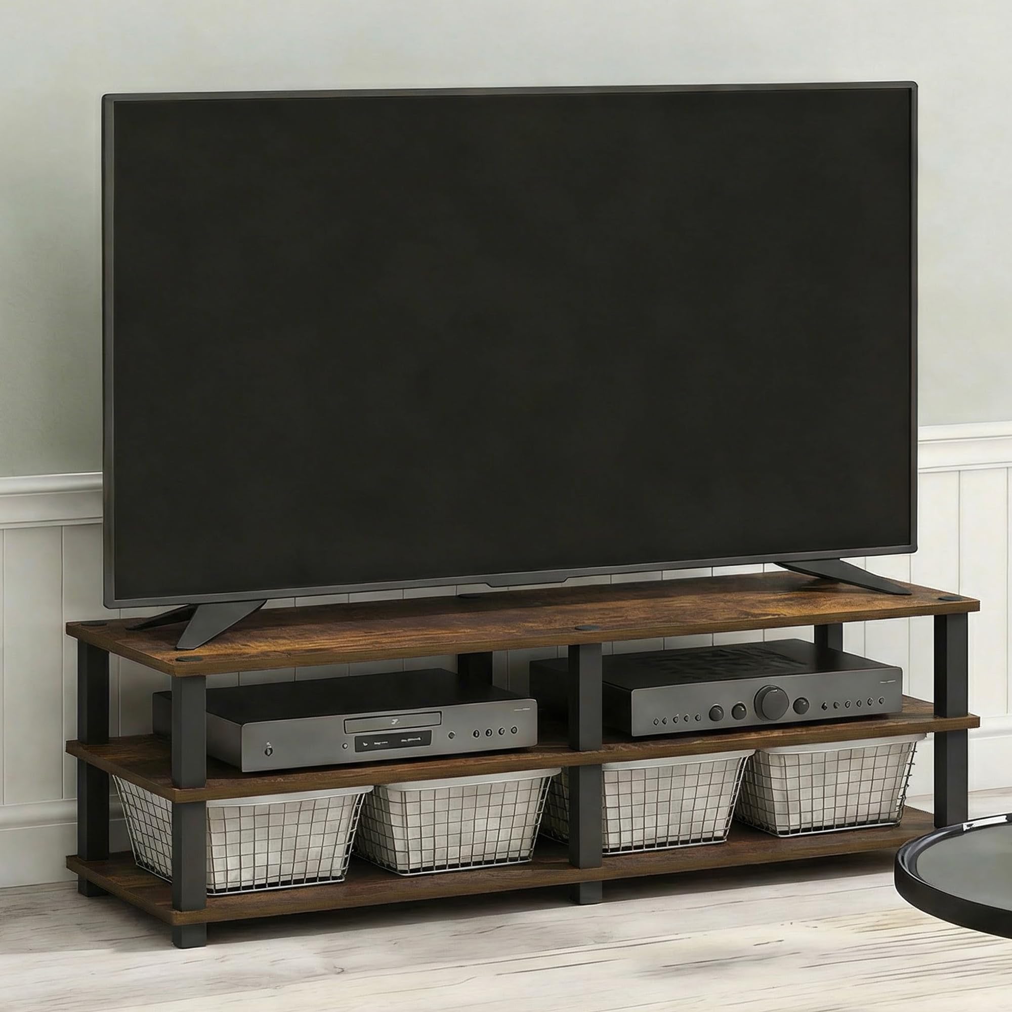 Furinno TURN-S-TUBE TV Stand, 3-Tier Open Frame Design Entertainment Center, TV Console for TV up to 46 Inch, Toolless Assembly, for Living Room, Bedroom, Amber Pine
