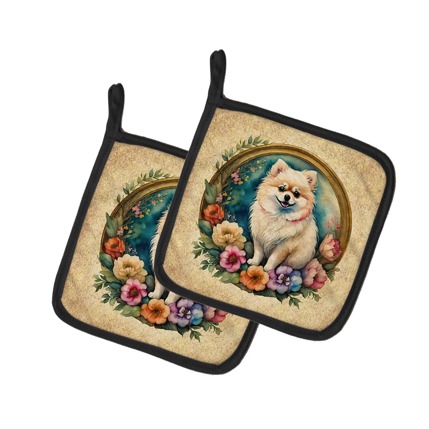 Pomeranian and Flowers Pair of Pot Holders