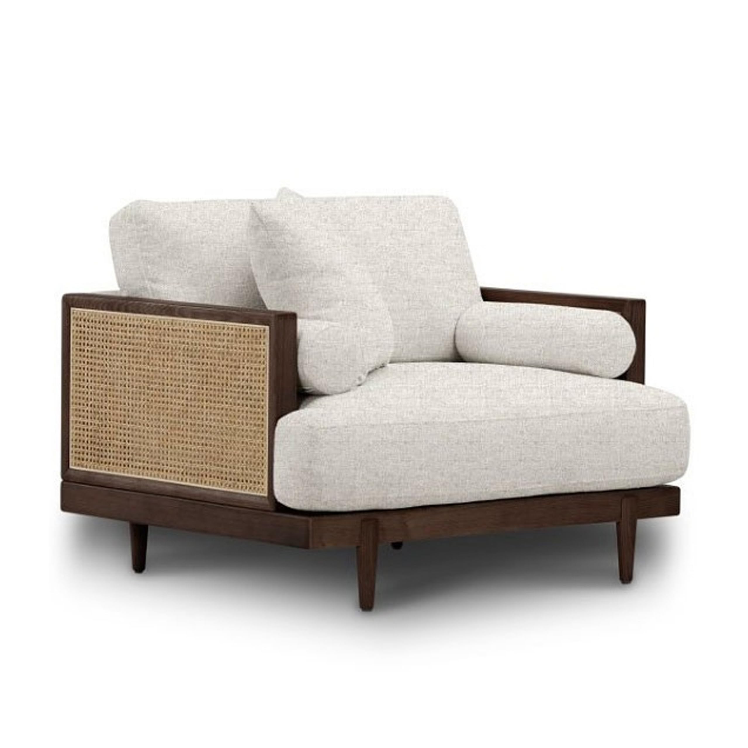 Senu Accent Chair, Rattan Woven Armrest, White, Brown Solid Wood