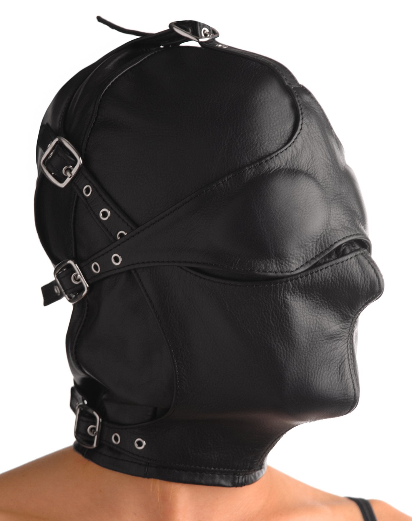 Asylum Leather Hood with Removable Blindfold and Muzzle- ML
