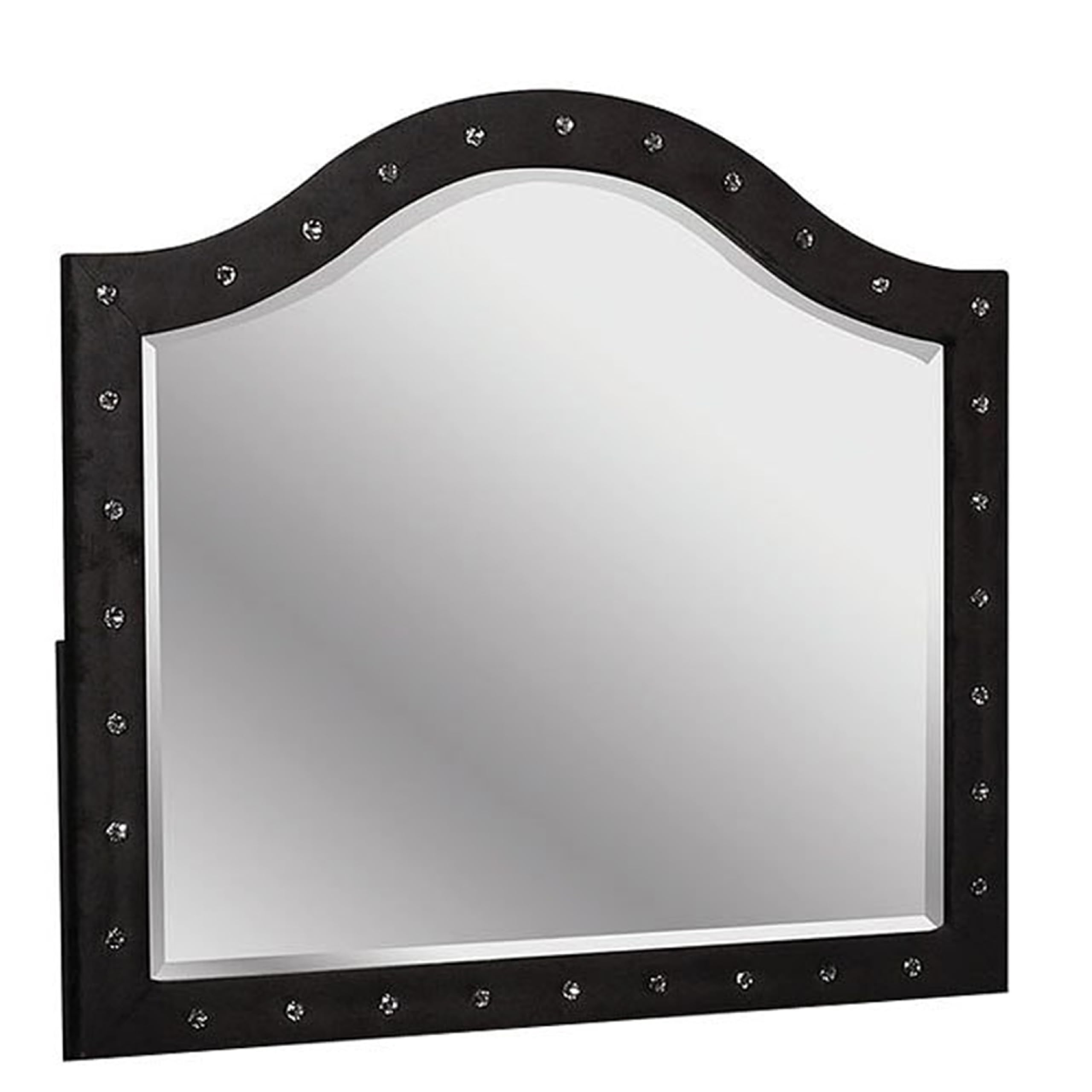 Rea Dresser Vanity Mirror, Crystal Tufted Black Velvet Upholstered Arched Frame