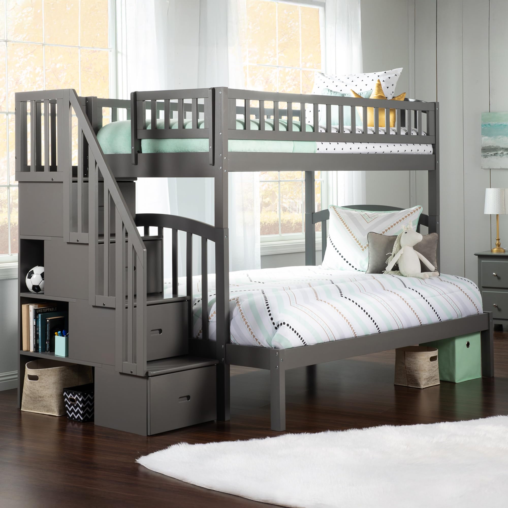Westbrook Twin over Full Solid Wood Staircase Bunk Bed in Grey