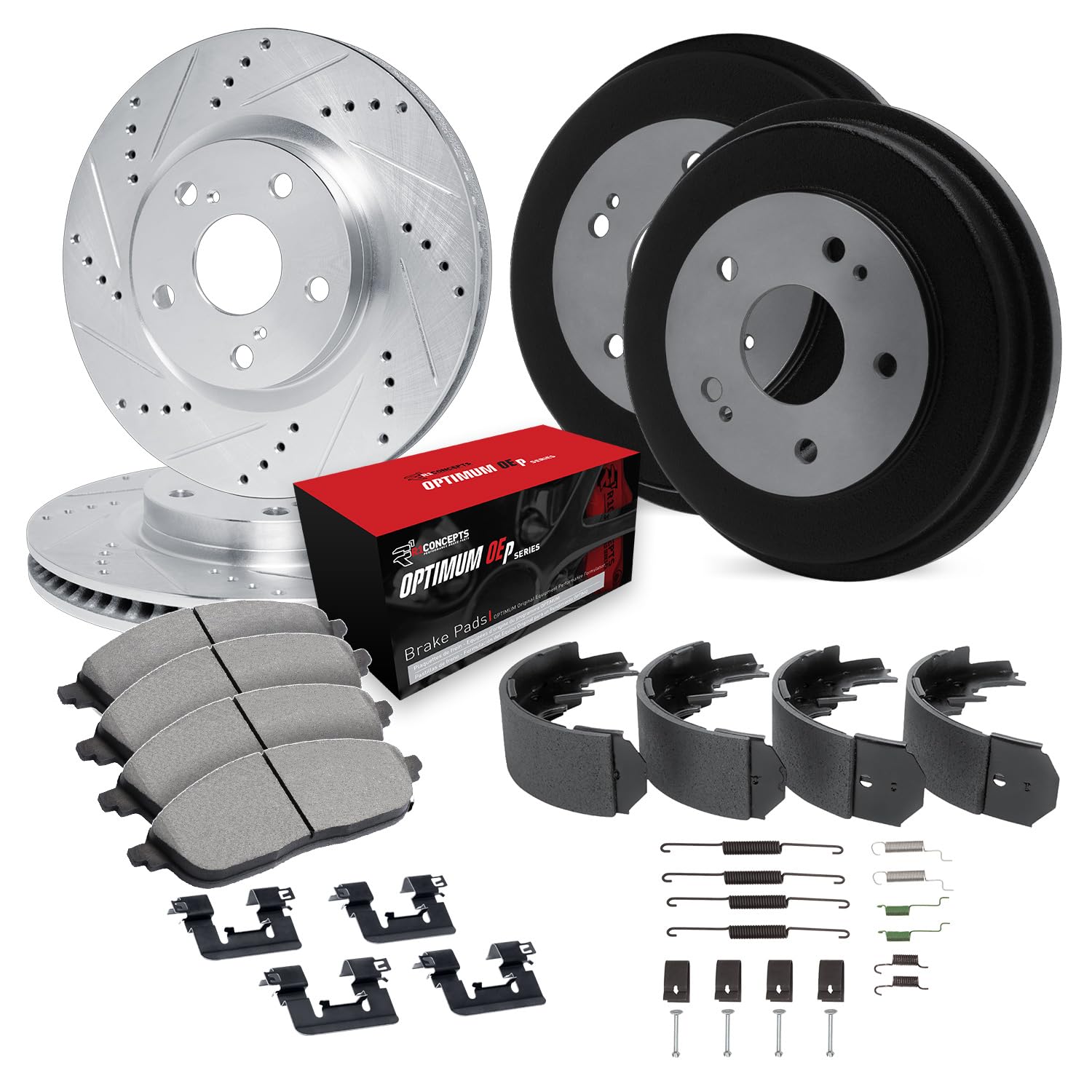 R1 Concepts Drilled and Slotted Silver Disc Brake Rotor and Drum Set with Optimum Oe Pads, Shoes, and Hardware WGUH2-01010