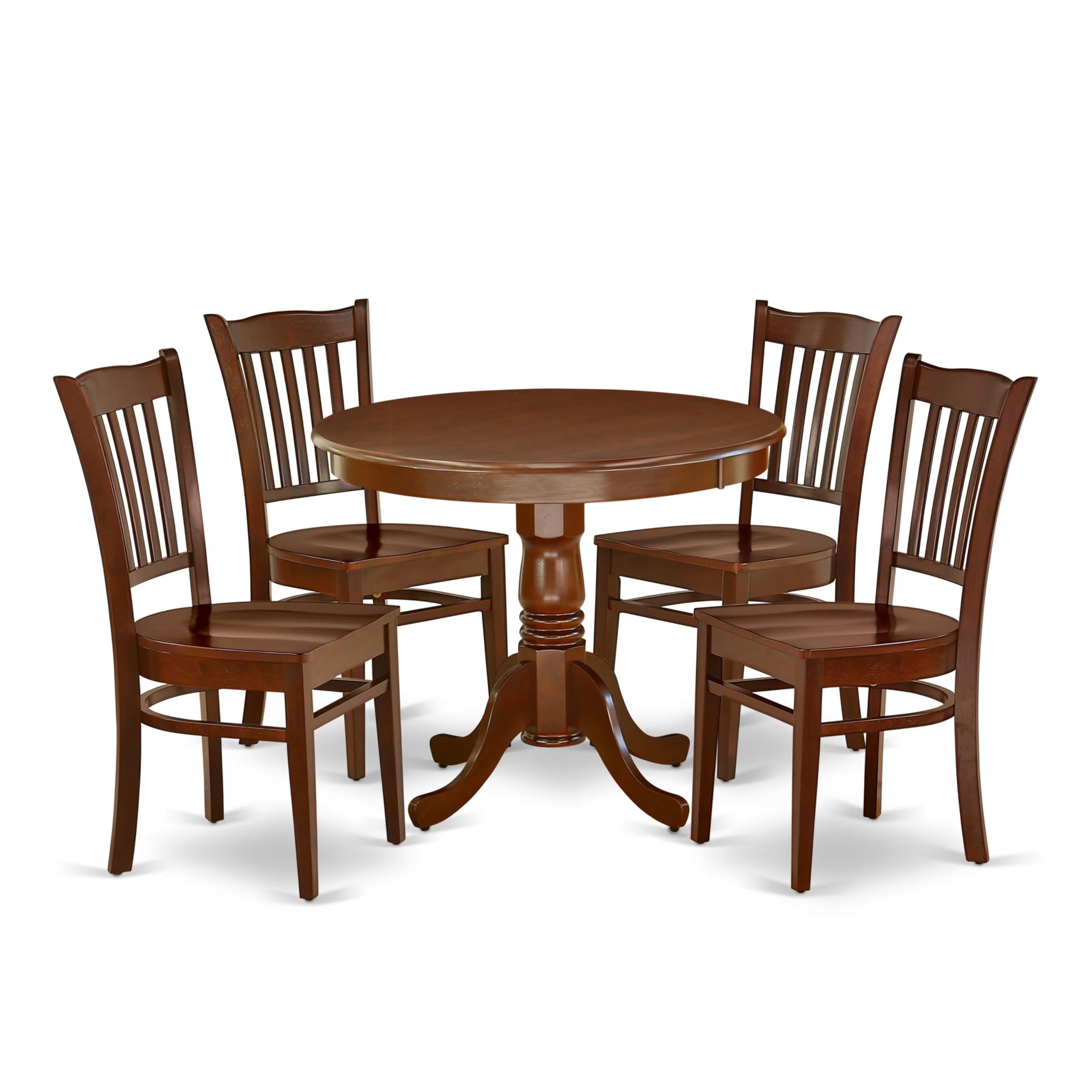 East West Furniture ANGR5-MAH-W 5 Piece Room Set Includes a Round Kitchen Table with Pedestal and 4 Dining Chairs, 36x36 Inch
