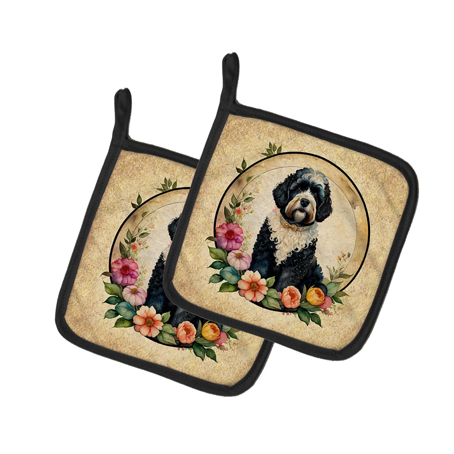 Portuguese Water Dog and Flowers Pair of Pot Holders