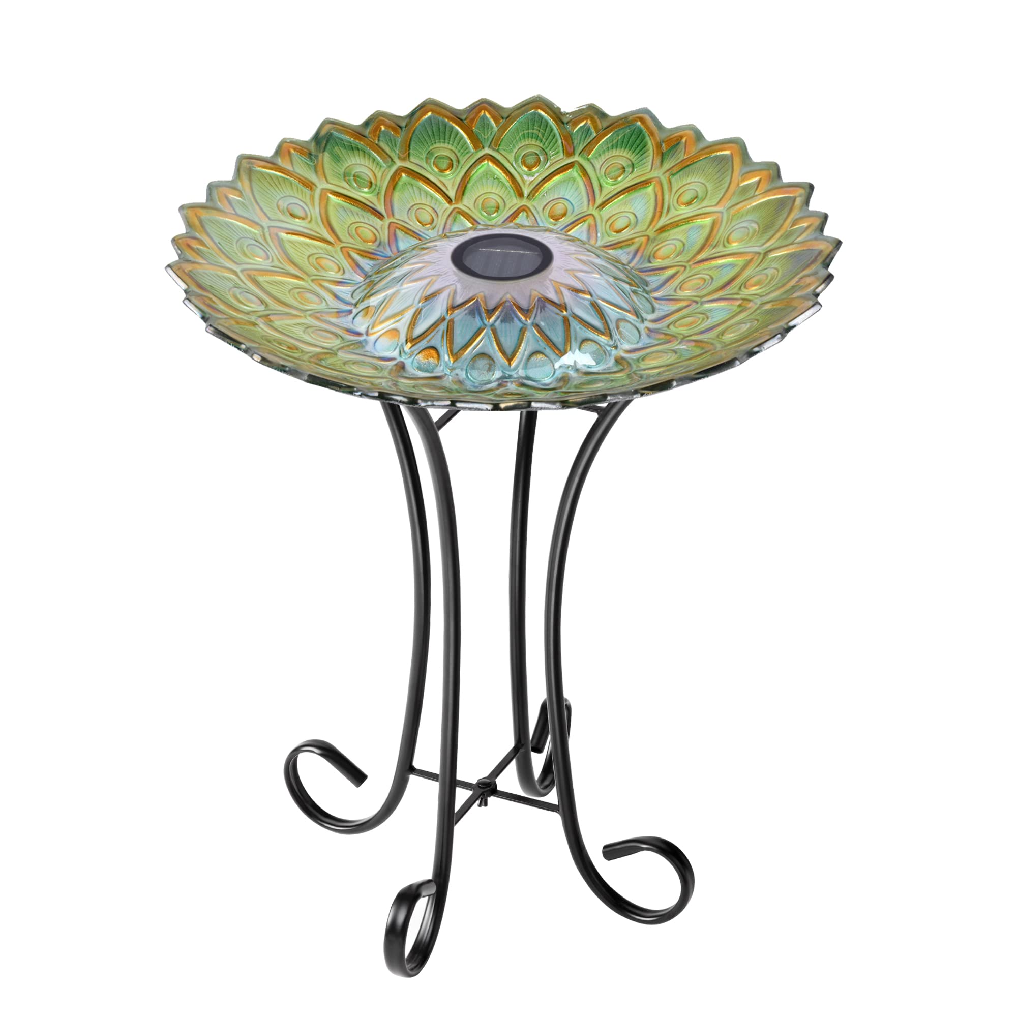 Hi-Line Gift Ltd 78415-S Solar Peacock Green Geometric Glass Bird Bath with Stand