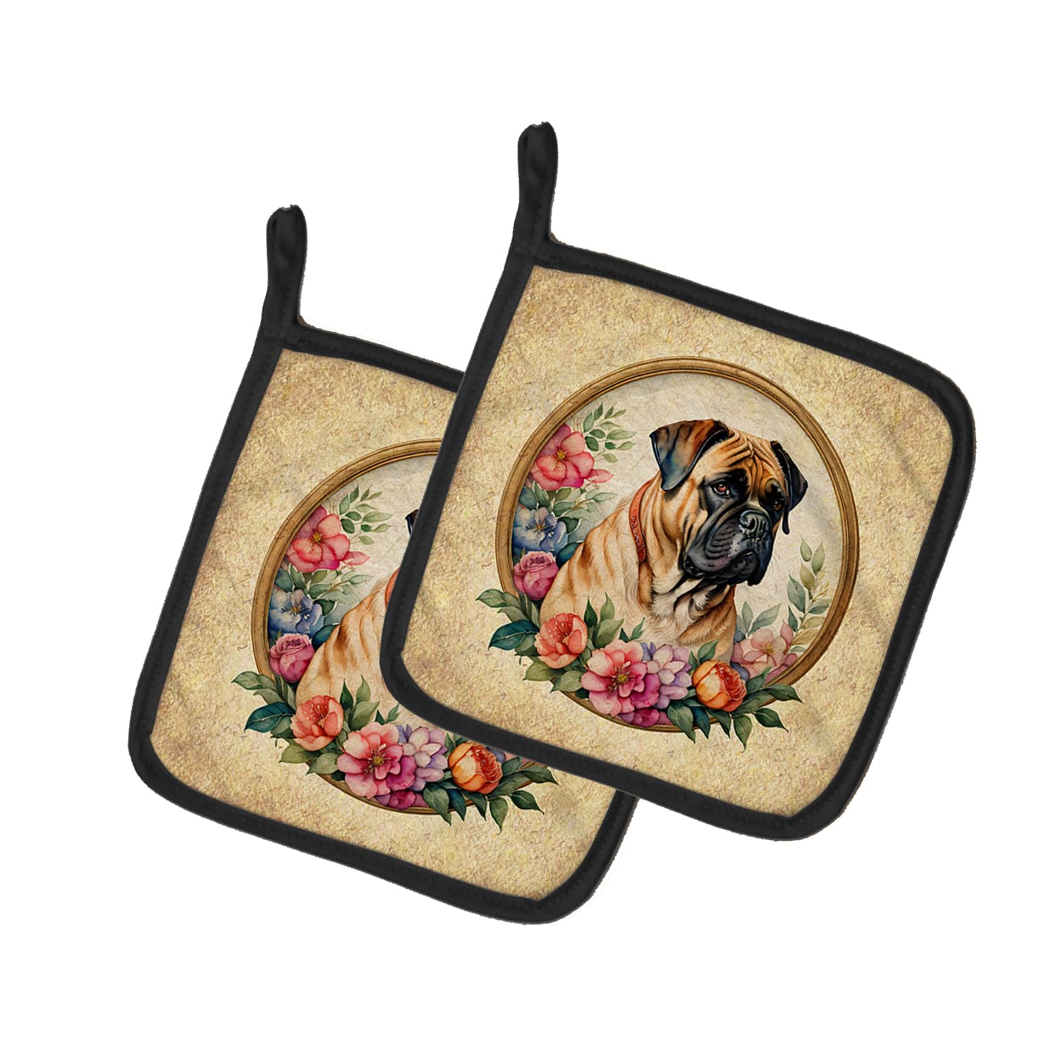Bullmastiff and Flowers Pair of Pot Holders