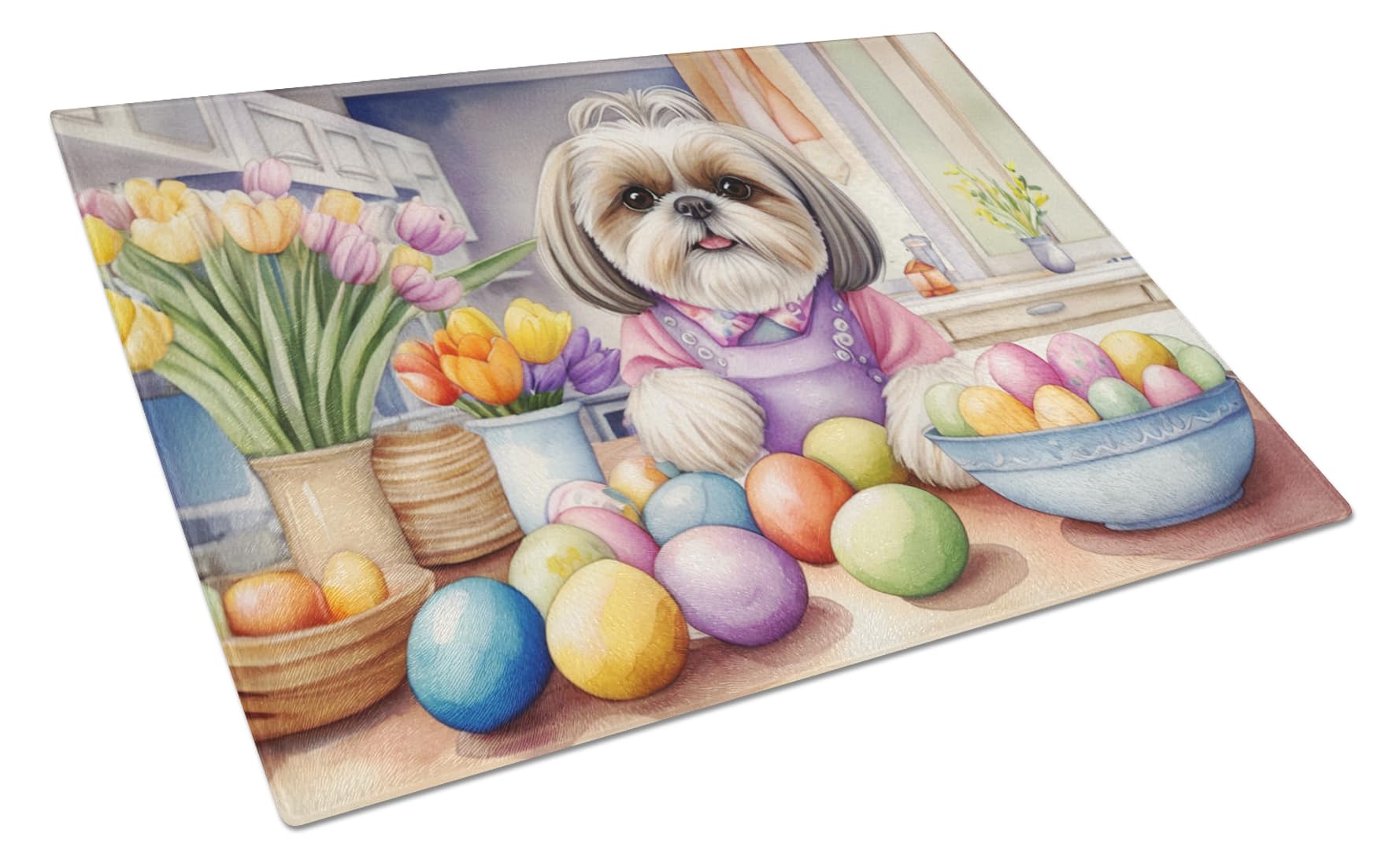 Carolines Treasures DAC6901LCB Decorating Easter Shih Tzu Glass Cutting Board Decorative Tempered Glass Kitchen Cutting and Serving Board Large Size Chopping Board