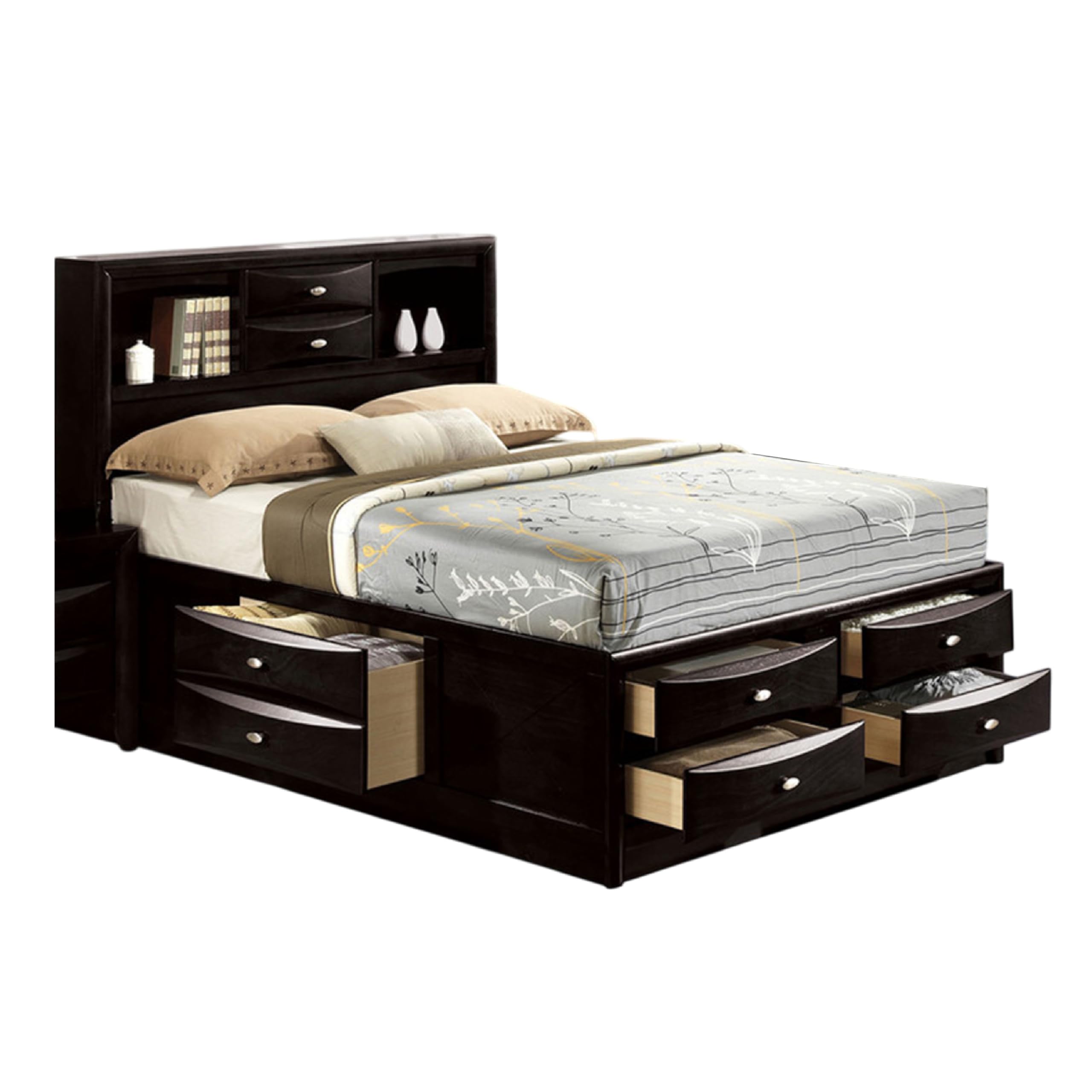 Simo King Bed, Bookcase Headboard, Storage Drawers, Black