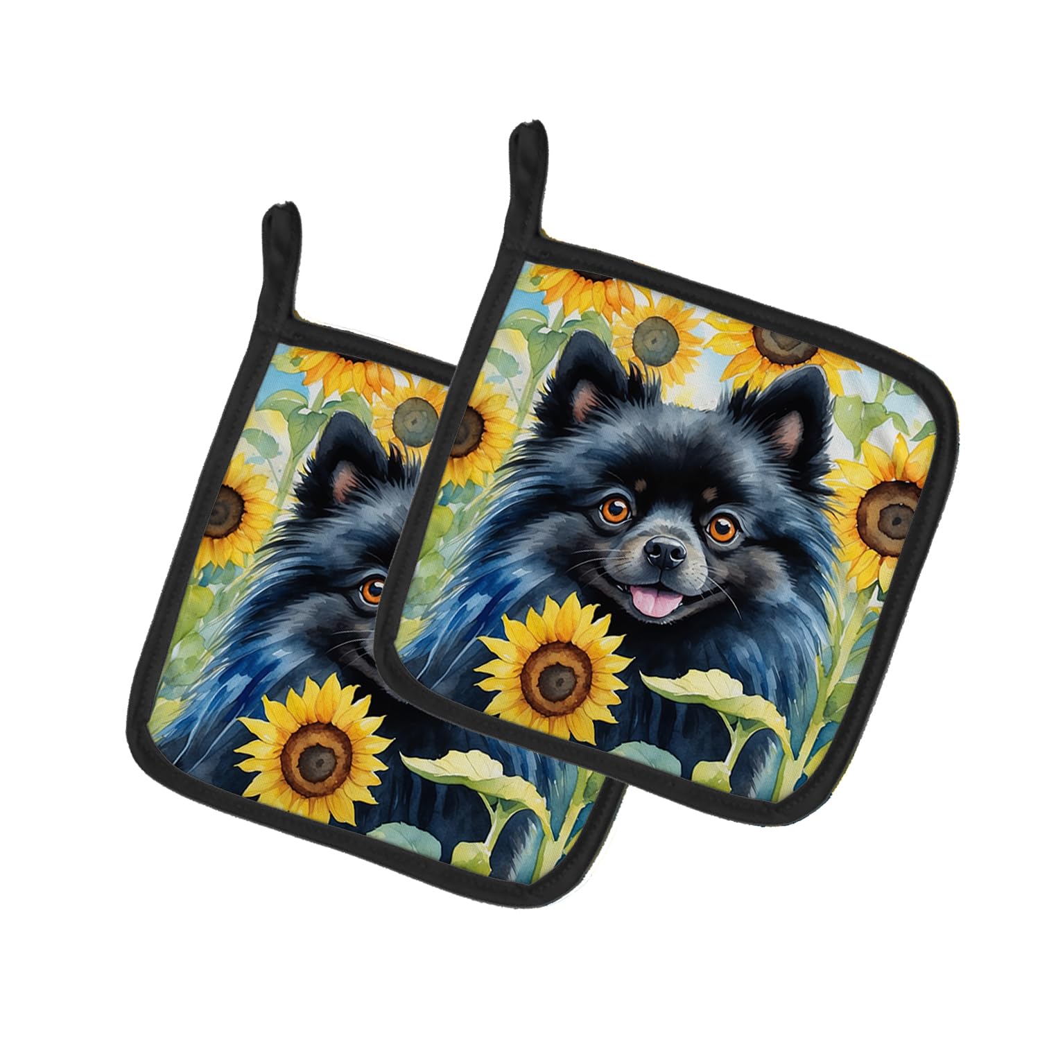 Pomeranian in Sunflowers Pair of Pot Holders