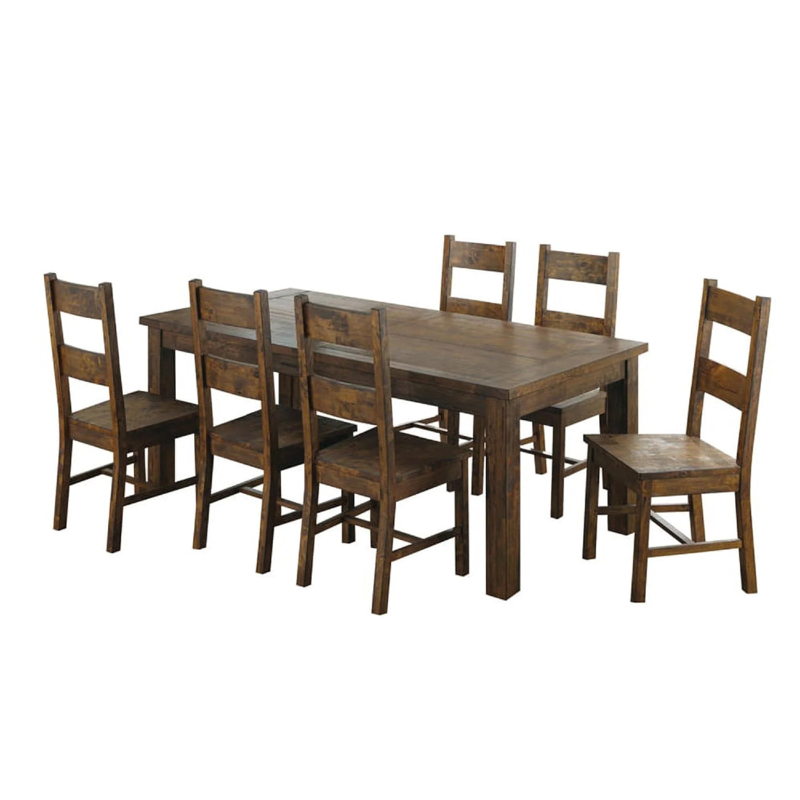 Caly 7pc Rectangular Dining Table Set, 6 Ladderback Side Chairs, Rustic Golden Brown