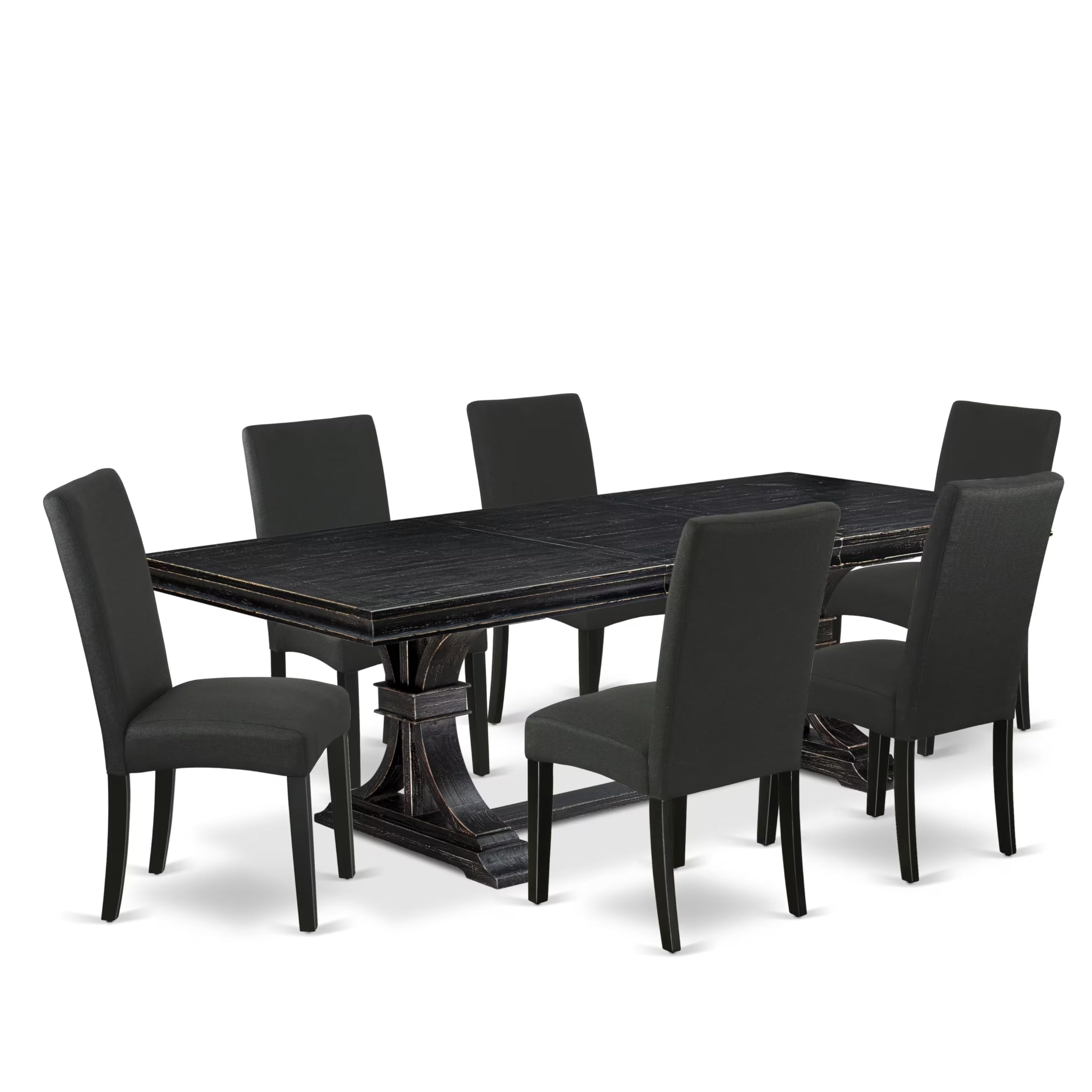 7 piece dining table set of a wooden table and 6 Linen Fabric dining chairs