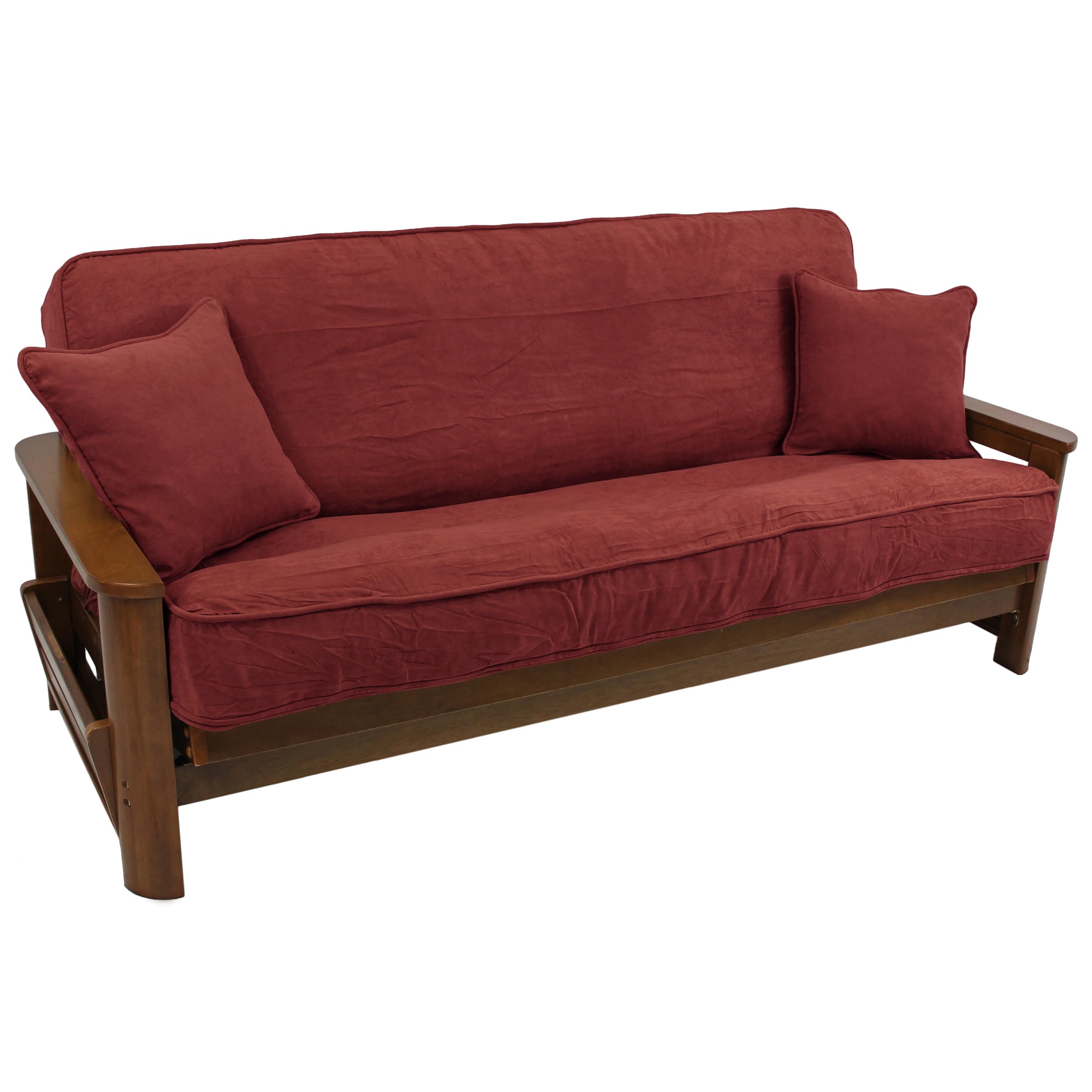Solid Microsuede Double Corded 8 to 9-inch Full Futon Cover Set with Two 18-inch Throw Pillows (Set of 3) - Red Wine