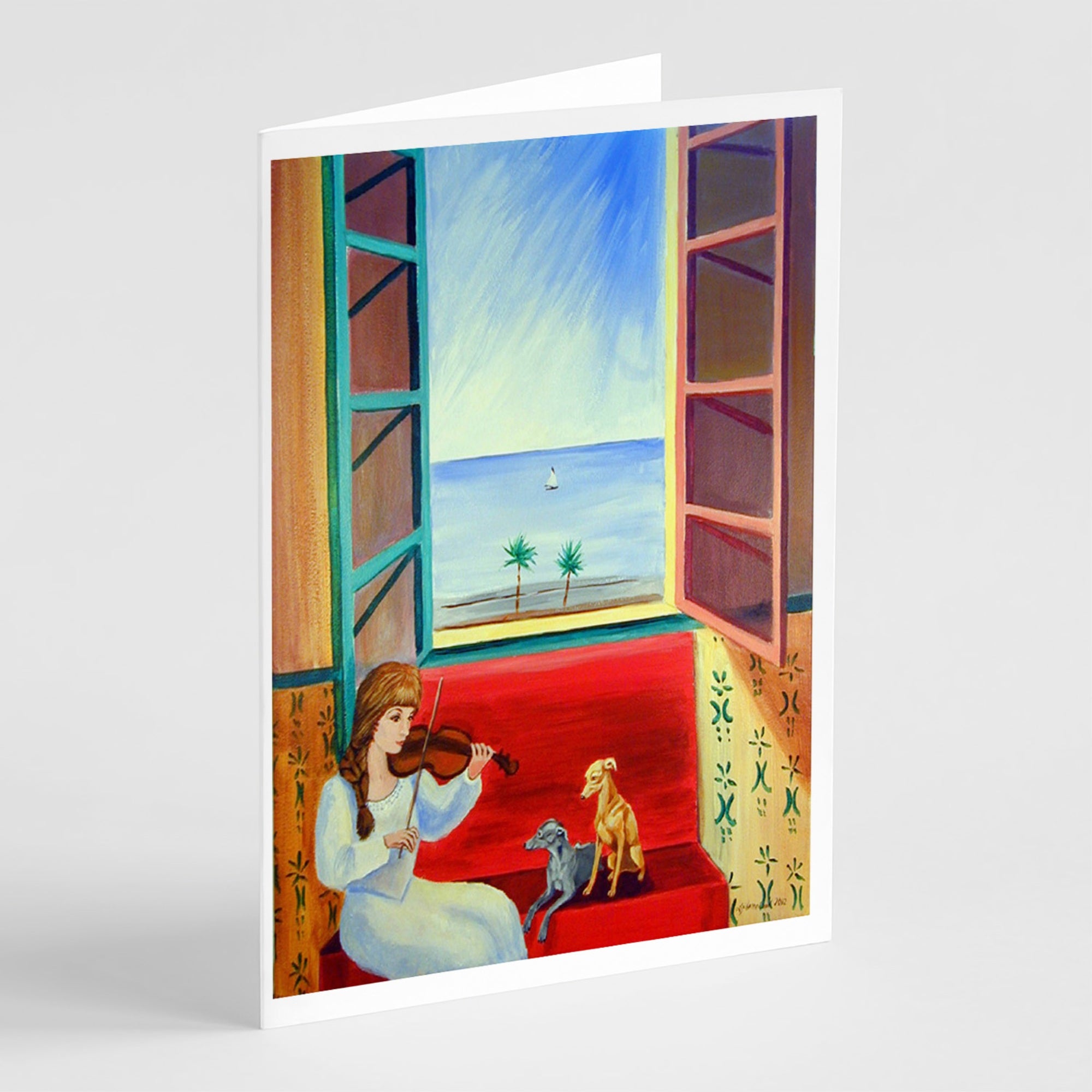 Italian Greyhounds And Violinist  Greeting Cards And Envelopes Pack Of 8