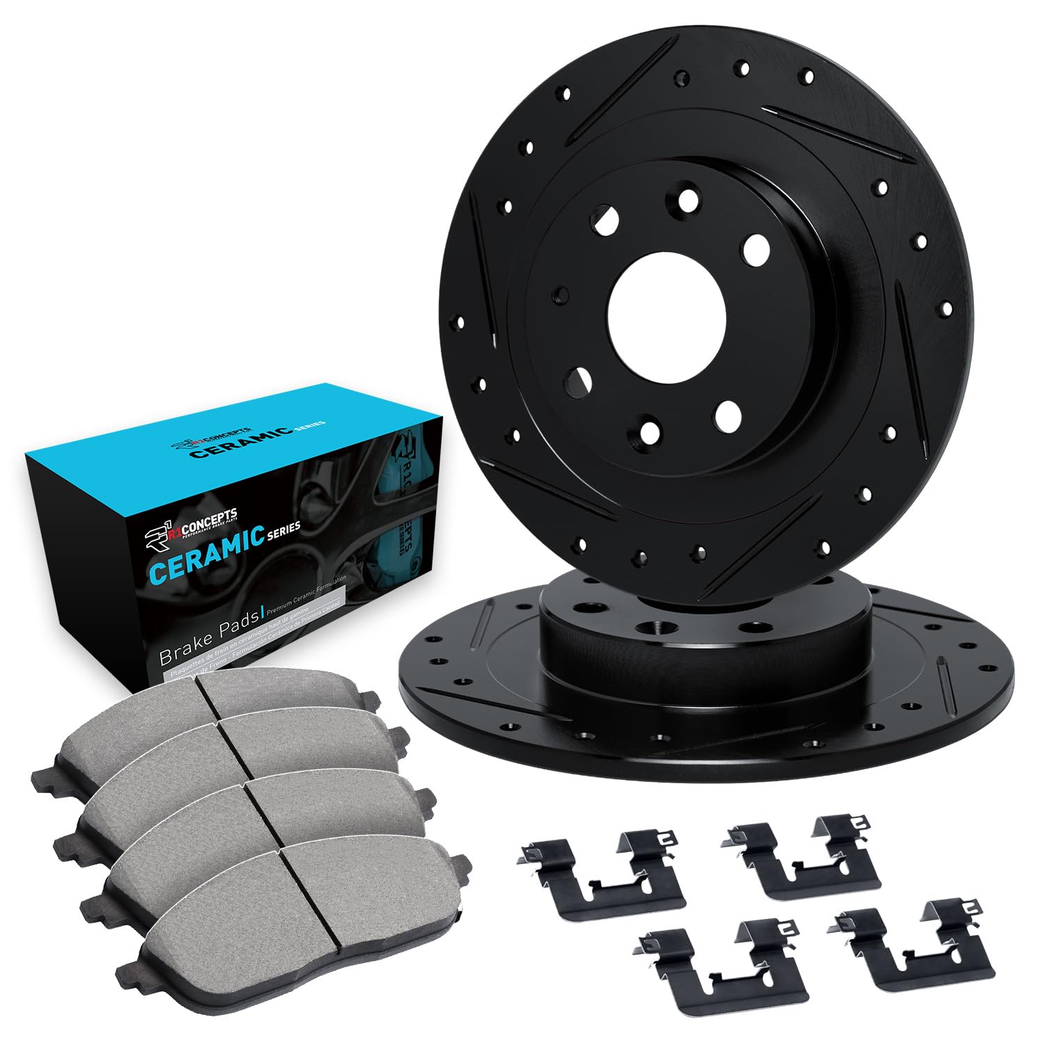 R1 Concepts Drilled and Slotted Black Disc Brake Rotor Set with Ceramic Pads and Hardware WHWH1-67029