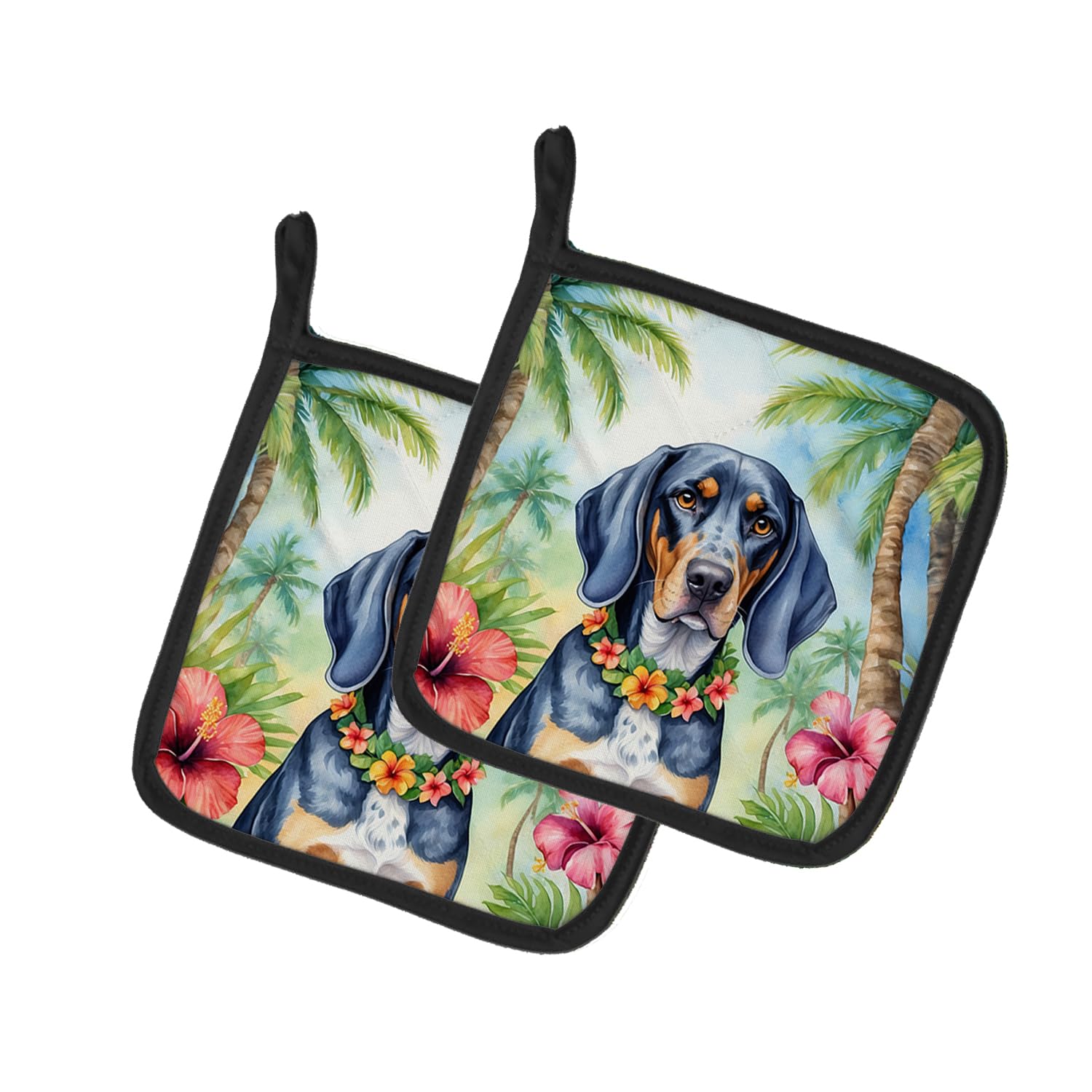 Bluetick Coonhound Luau Pair of Pot Holders