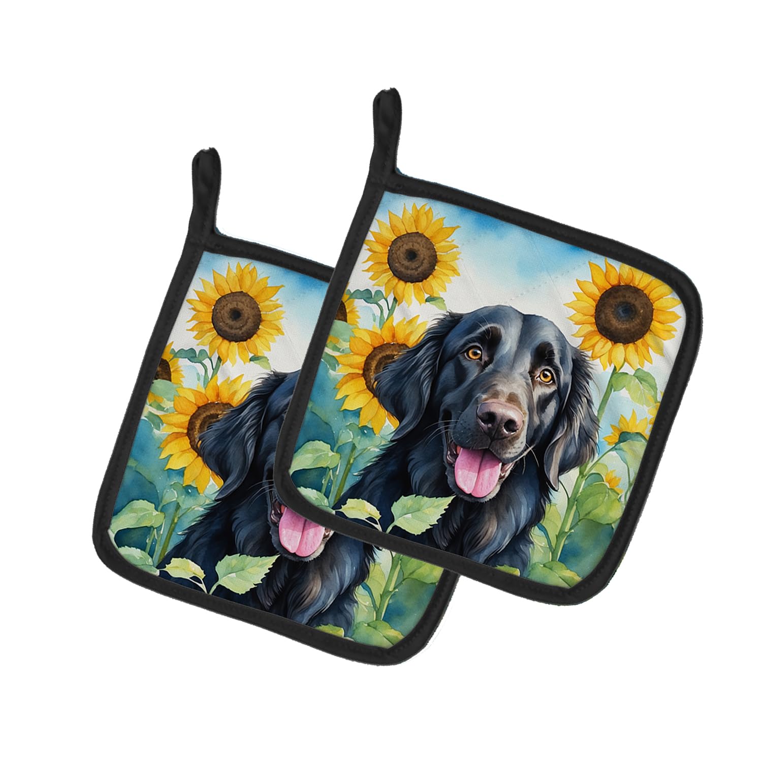 Flat-Coated Retriever in Sunflowers Pair of Pot Holders