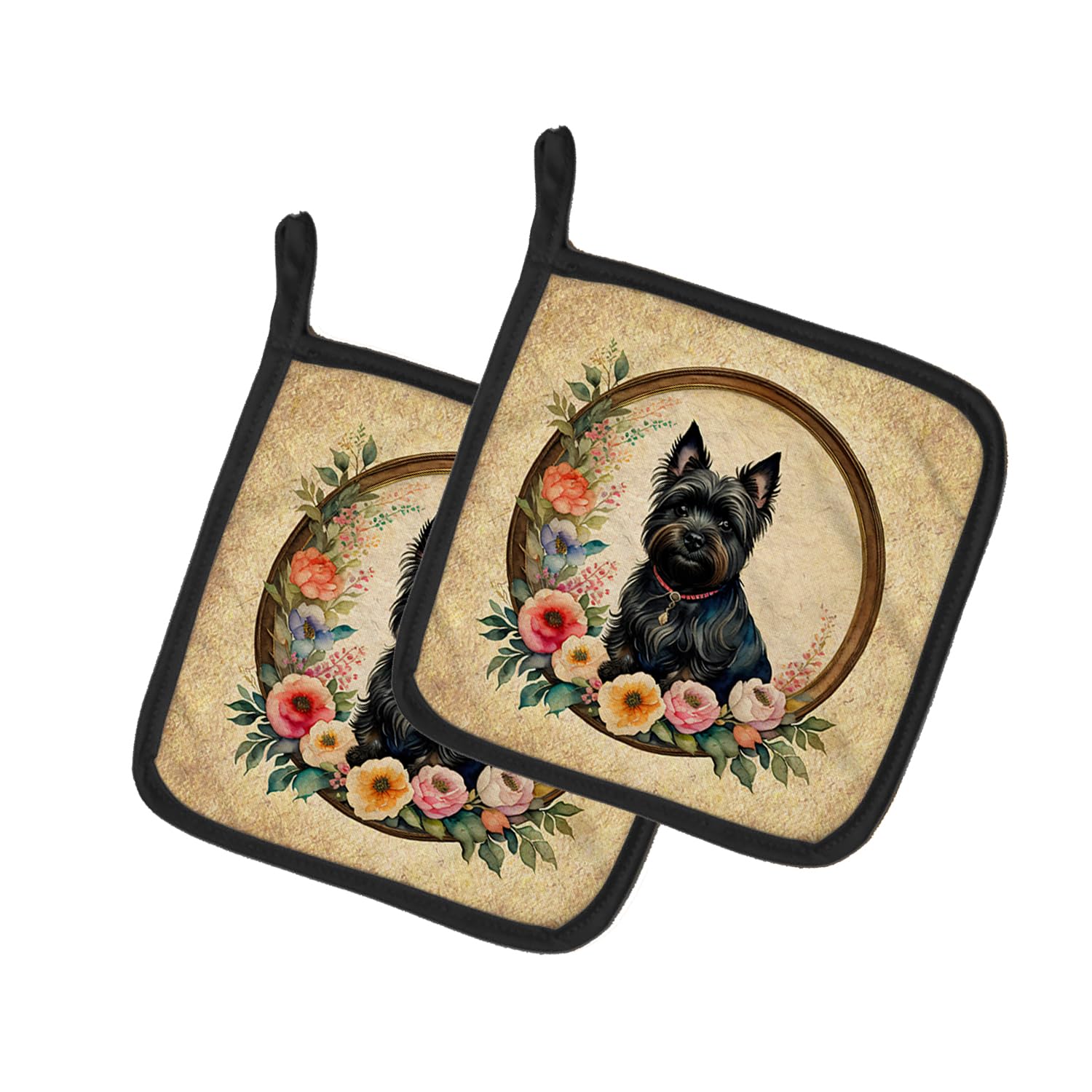 Cairn Terrier and Flowers Pair of Pot Holders