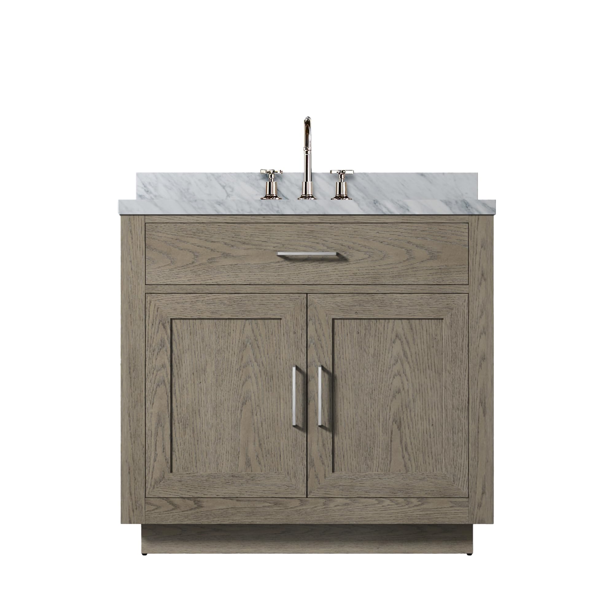 Abbey 36 in W x 22 in D Grey Oak Single Bath Vanity, Carrara Marble Top, and Faucet Set