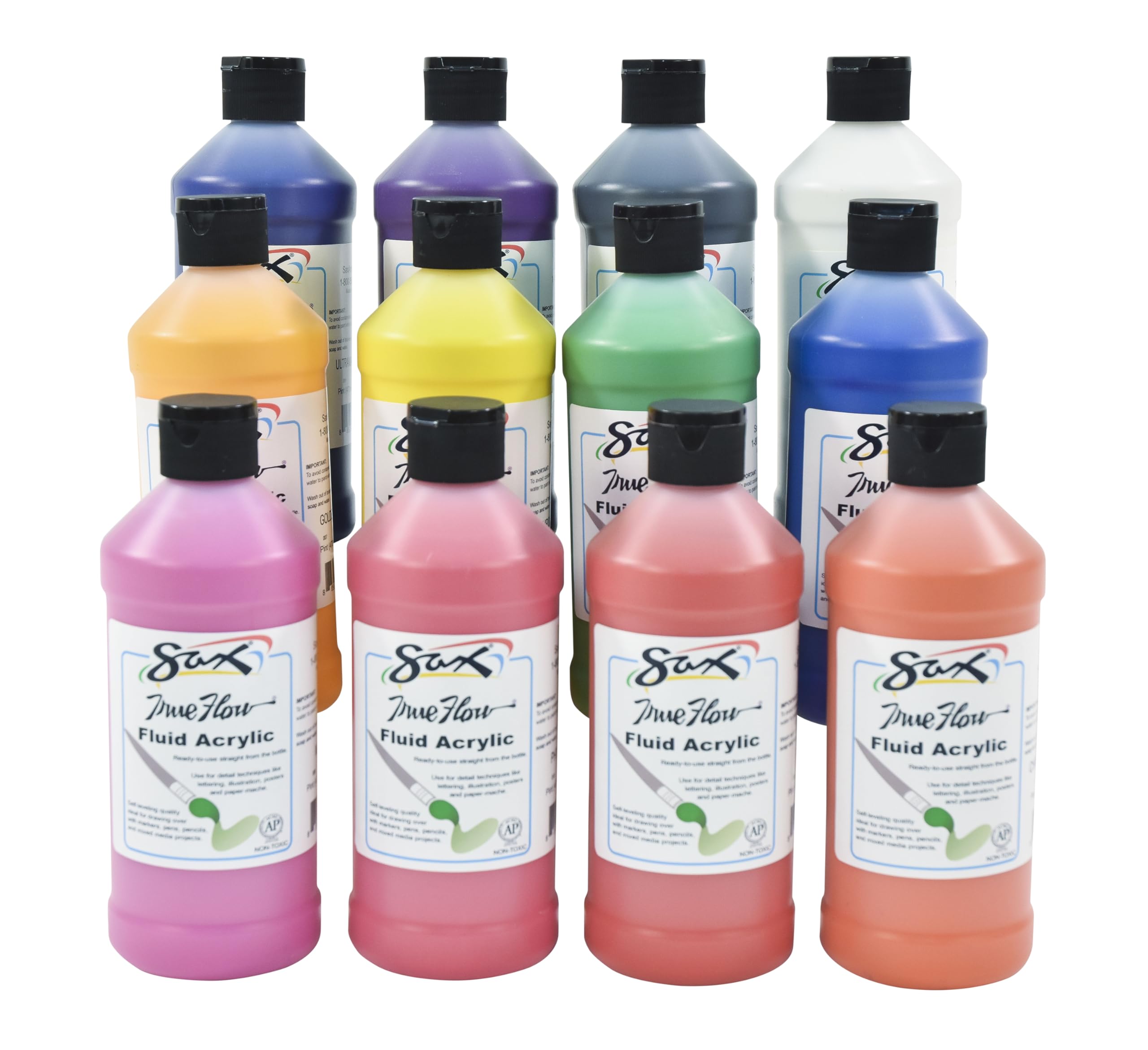 Sax Fluid Acrylic Paint For School And Arts And Crafts Use, Assorted Colors, 16 Ounce Pints, Set Of 12