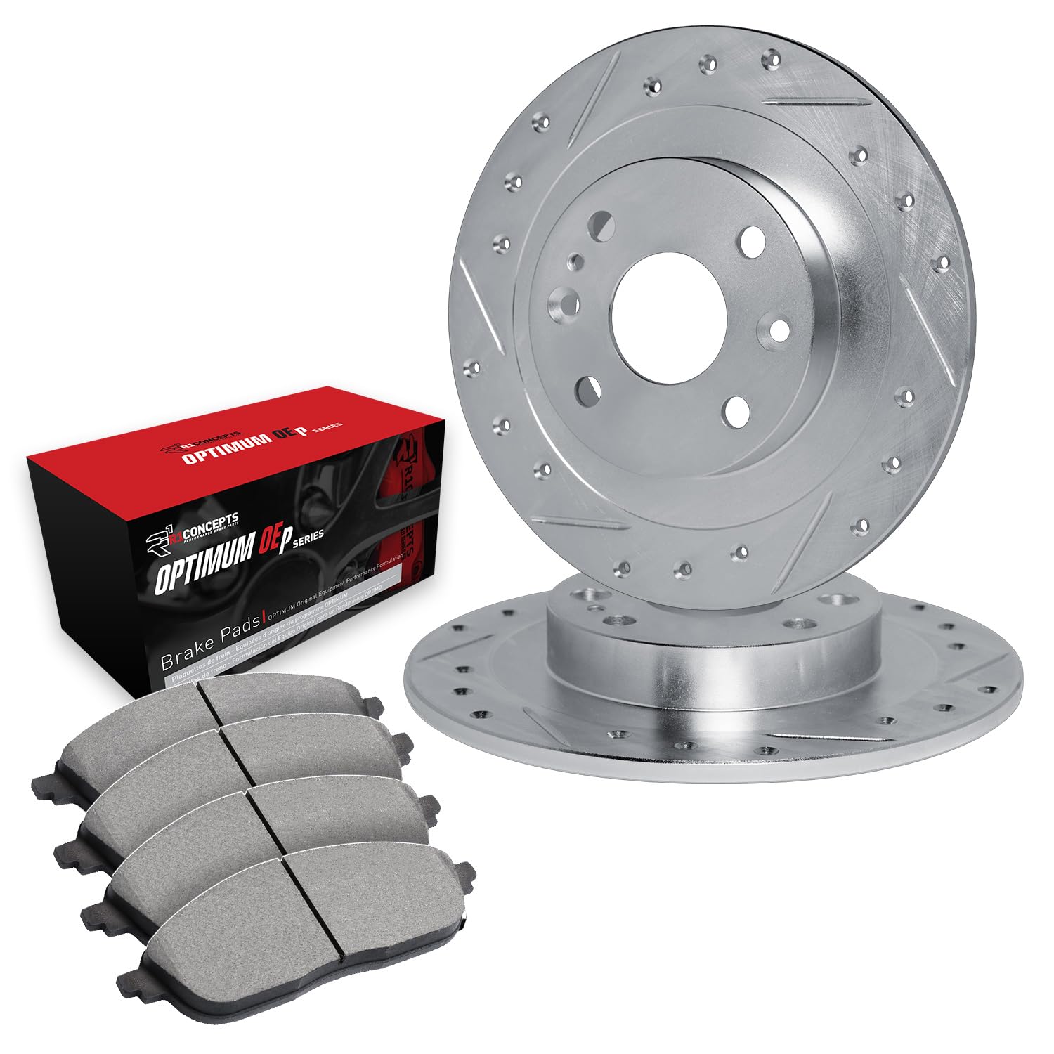 R1 Concepts Drilled and Slotted Silver Disc Brake Rotor Set with Optimum Oe Pads WGUN1-20005