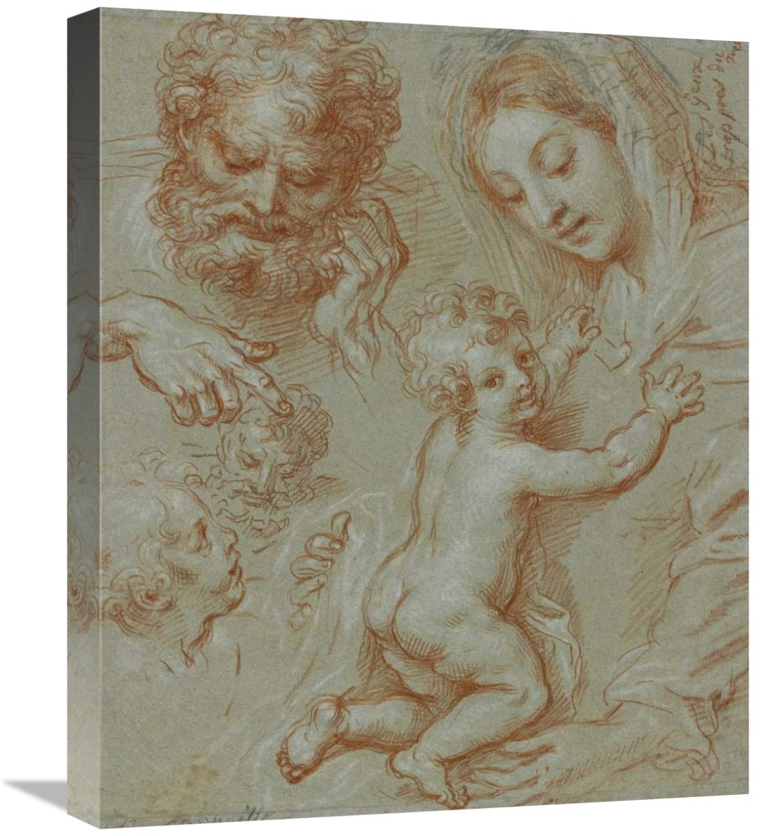 Studies of the Madonna and Child and of Heads (recto); Madonna and Child with Saint John Seated in a Landscape (verso)-Canvas Art-18.26x22”