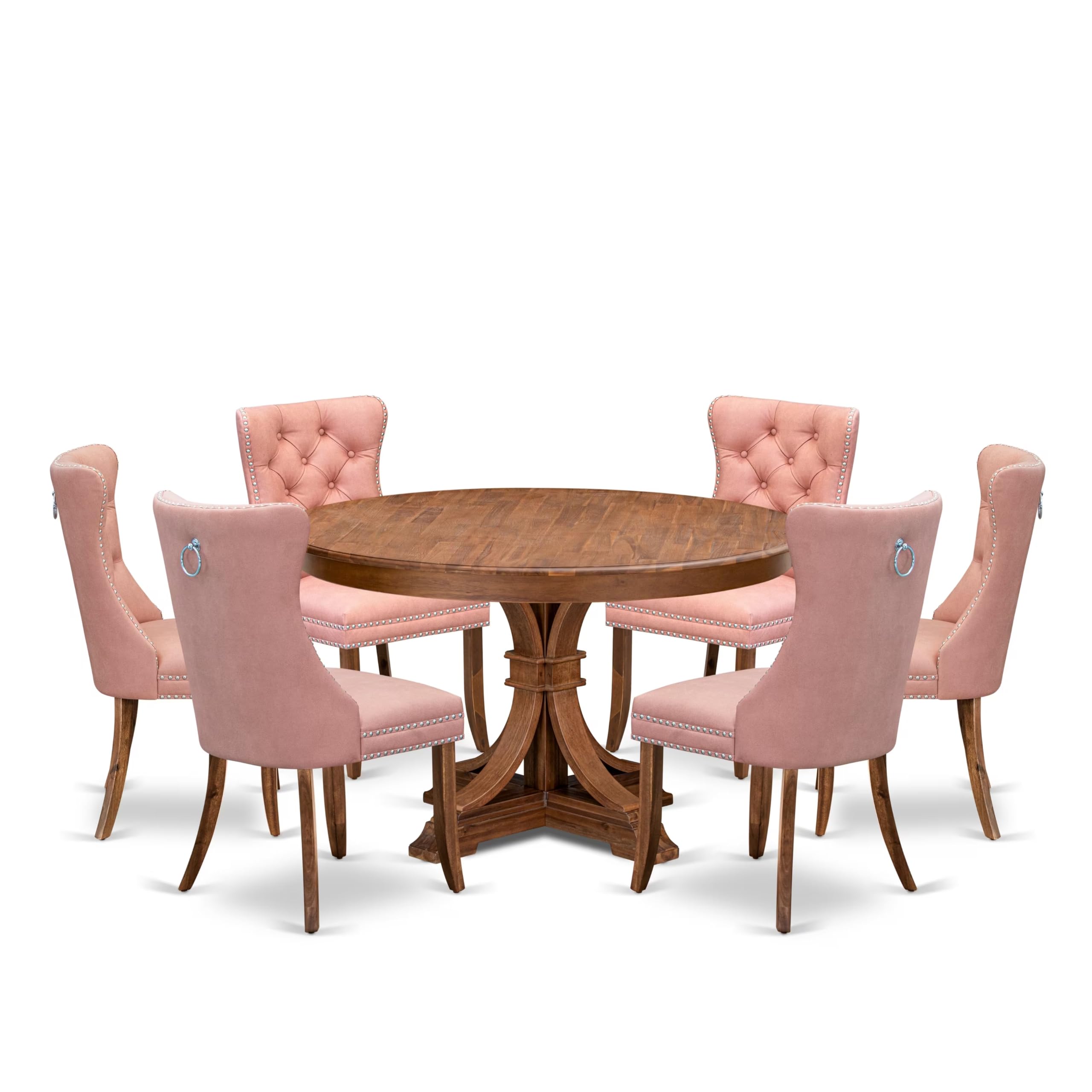 7-Pc Modern Dining Set Contain A Dining Table And 6 Beige Red Upholstered Chairs