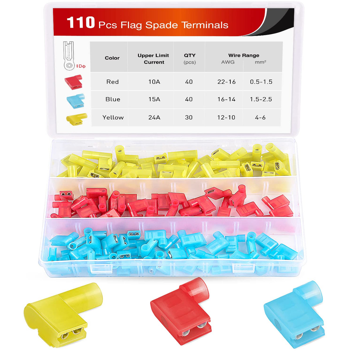 Nilight 50047R 110Pcs Nylon Flag Spade Female Insulated Quick Disconnects 22-18 16-14 12-10 Gauge Flag Spade Electrical Crimp Te