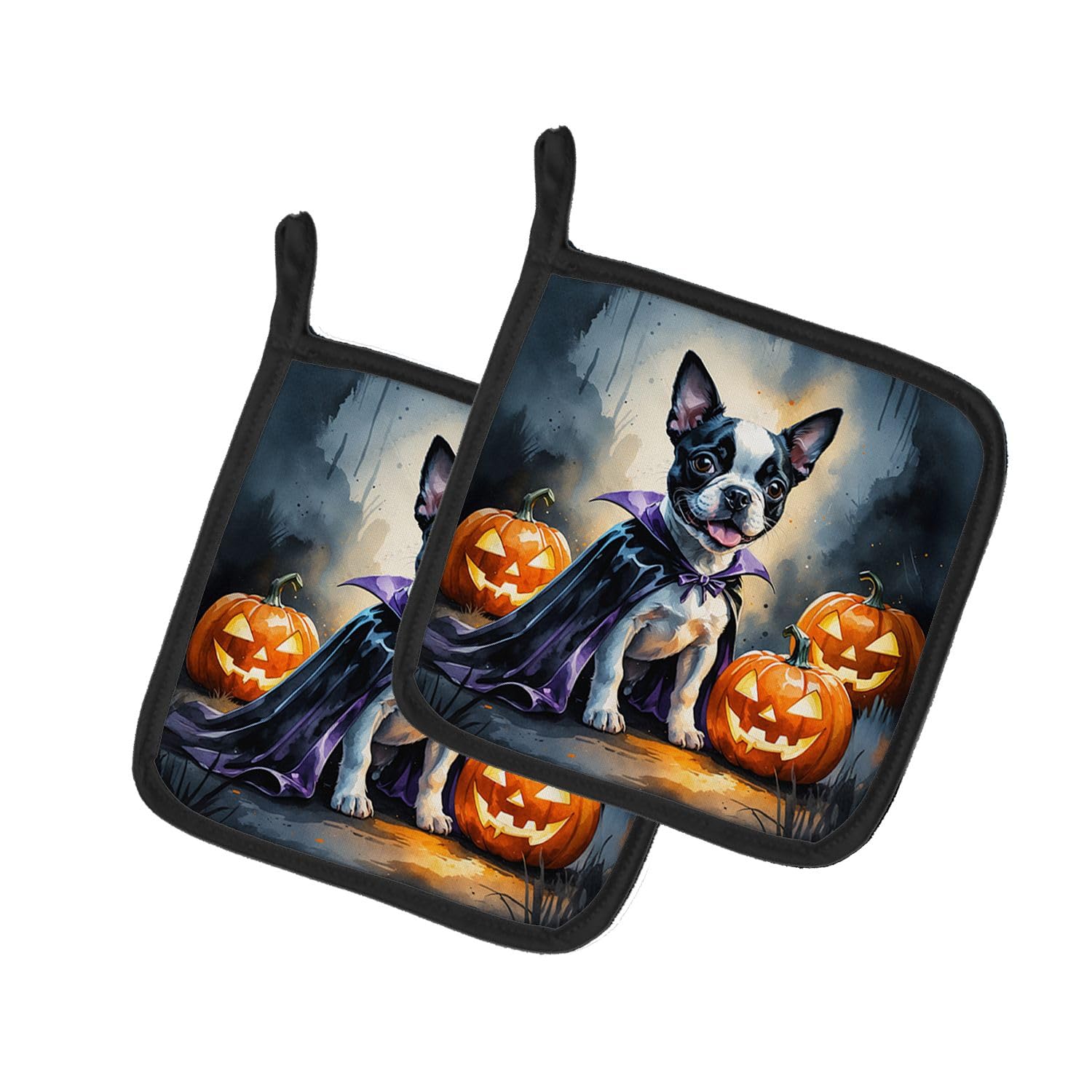 Carolines Treasures Boston Terrier Puppy Halloween Pair of Pot Holders Kitchen Heat Resistant Pot Holders Sets Oven Hot Pads for Cooking Baking BBQ, 7 1/2 x 7 1/2