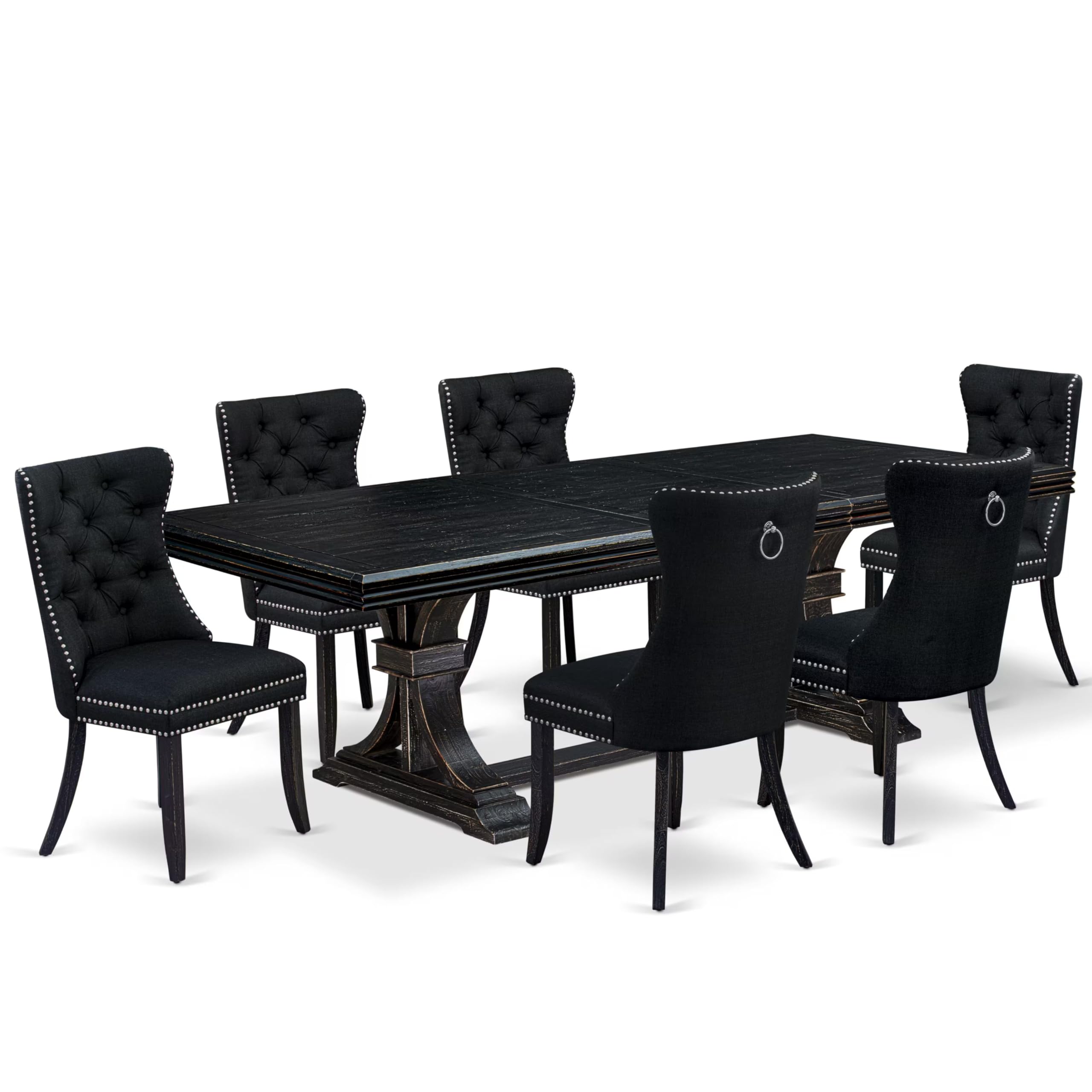 7 piece dining room set of a wooden table and 6 Linen Fabric kitchen chairs