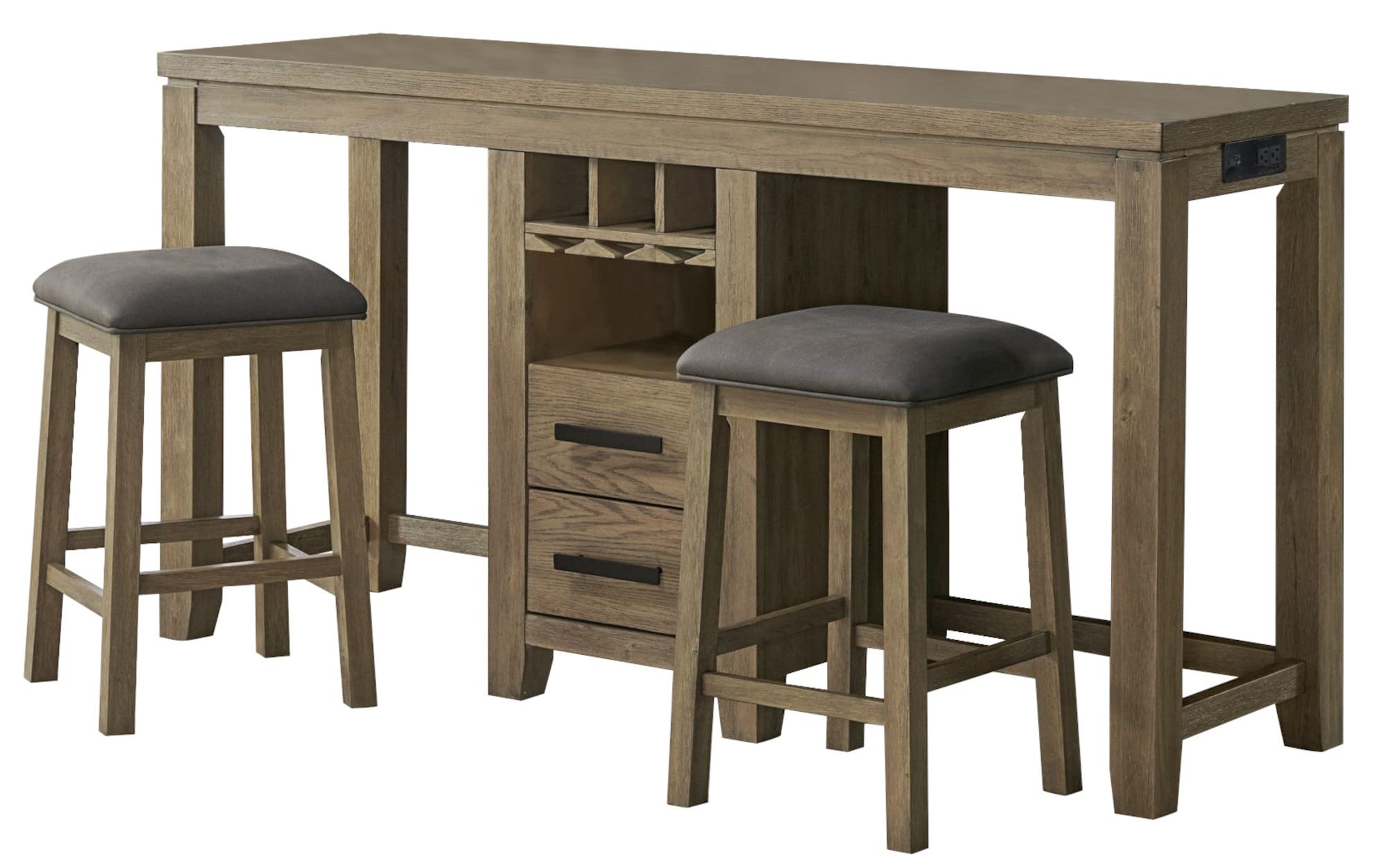 Sunset Trading Saunders 3PC Console Bar Table & Stool Set with Charging Station | Storage Drawers Glass Stemware Wine Rack USB Power Strip | 2 Backless Padded Counter Height Chairs | Brown Acacia Wood | Sofa Table for Kitchen Dining Living Room