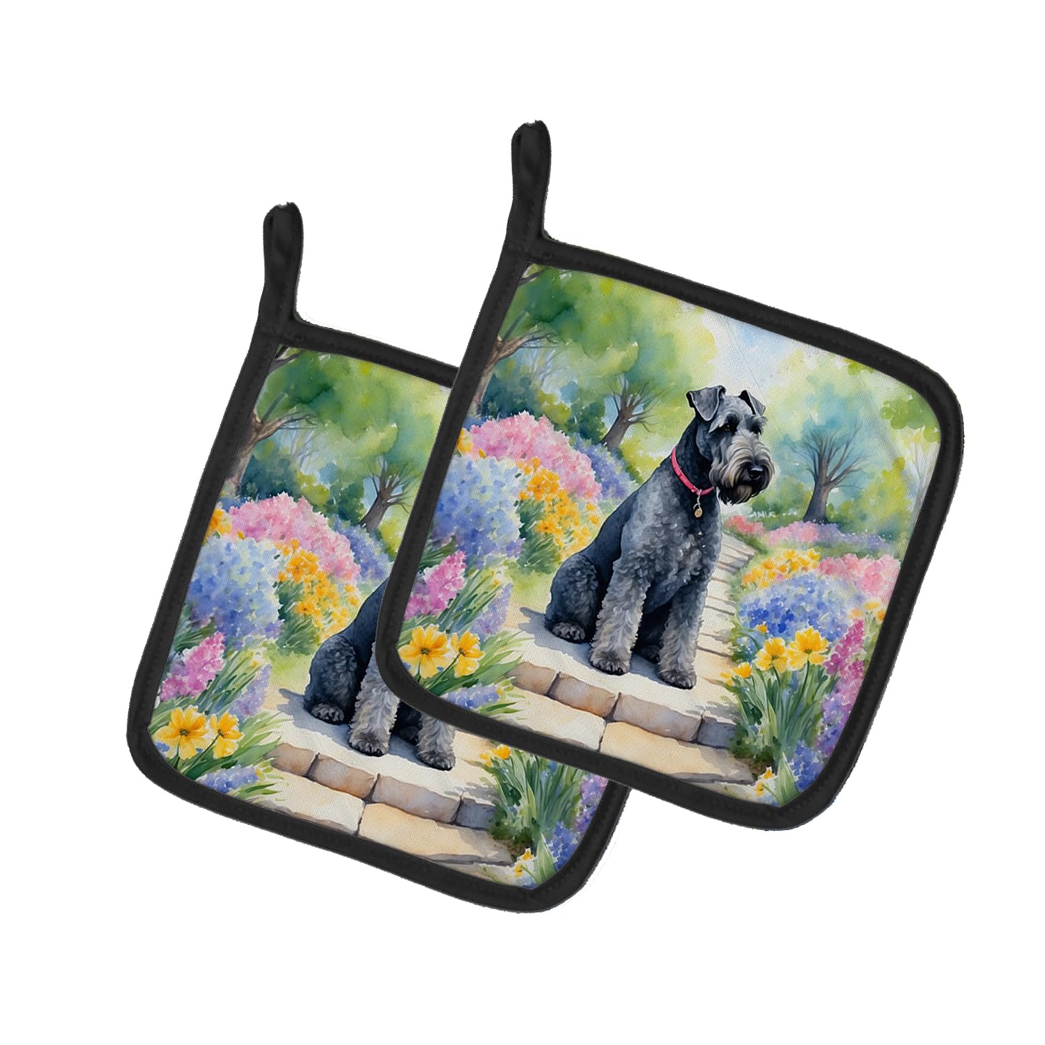 Kerry Blue Terrier Spring Path Pair of Pot Holders
