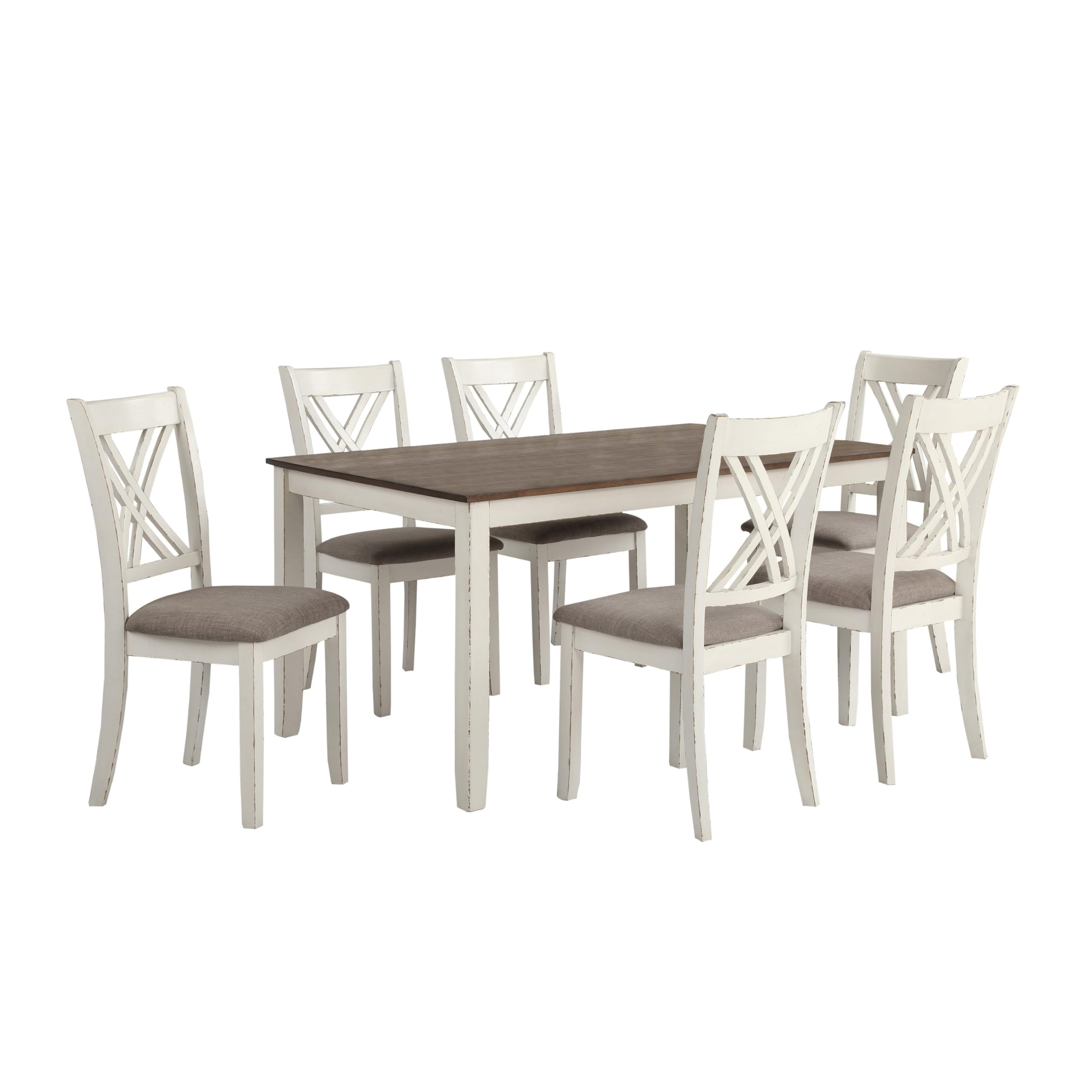 7 Piece Dining Set, Dry Brushed Weathered Wood Surface, Gray Upholstery