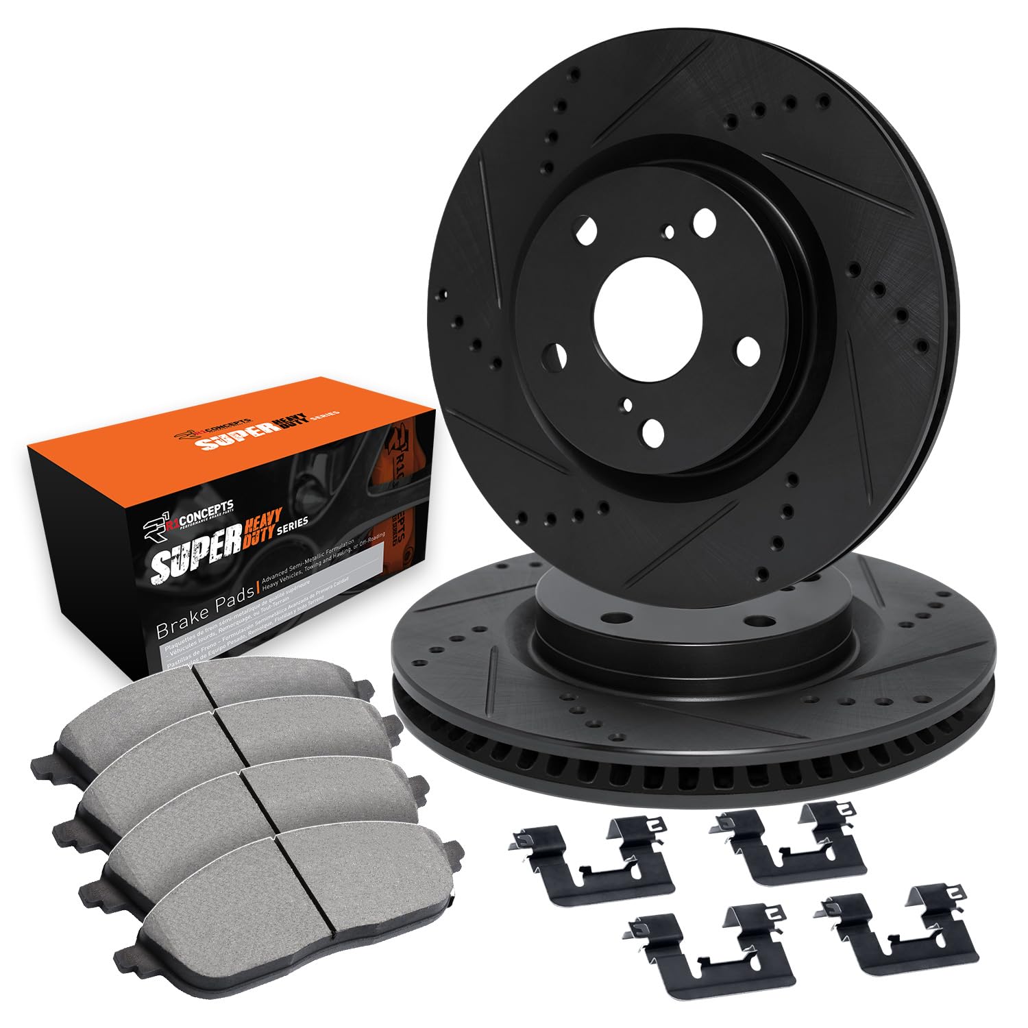 R1 Concepts Drilled and Slotted Black Disc Brake Rotor Set with Super Duty Pads and Hardware WHXH1-42069