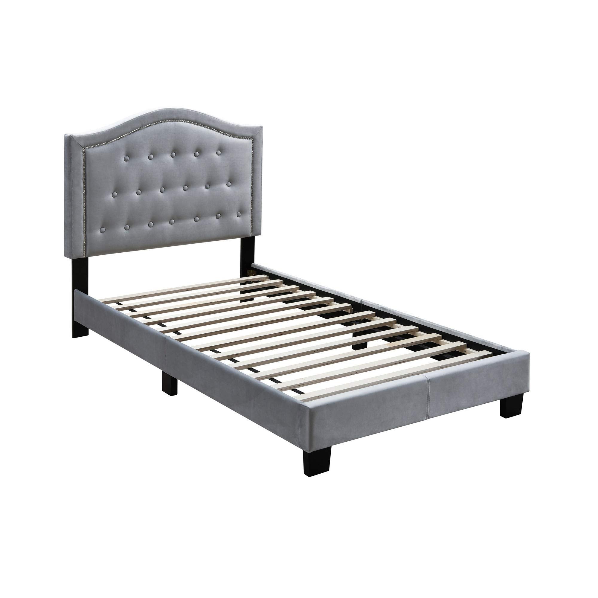 Button Tufted Full Velvet Bed with Curved Headboard, Gray