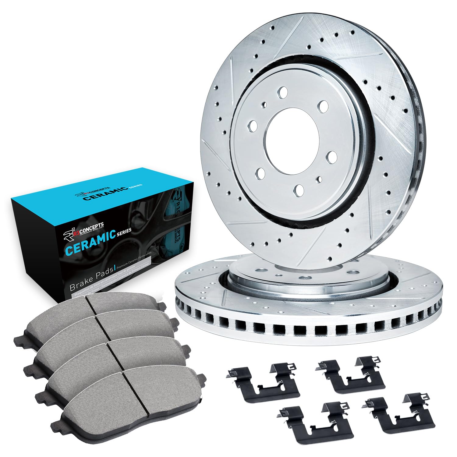 R1 Concepts Drilled and Slotted Silver Disc Brake Rotor Set with Ceramic Pads and Hardware WGWH1-48073