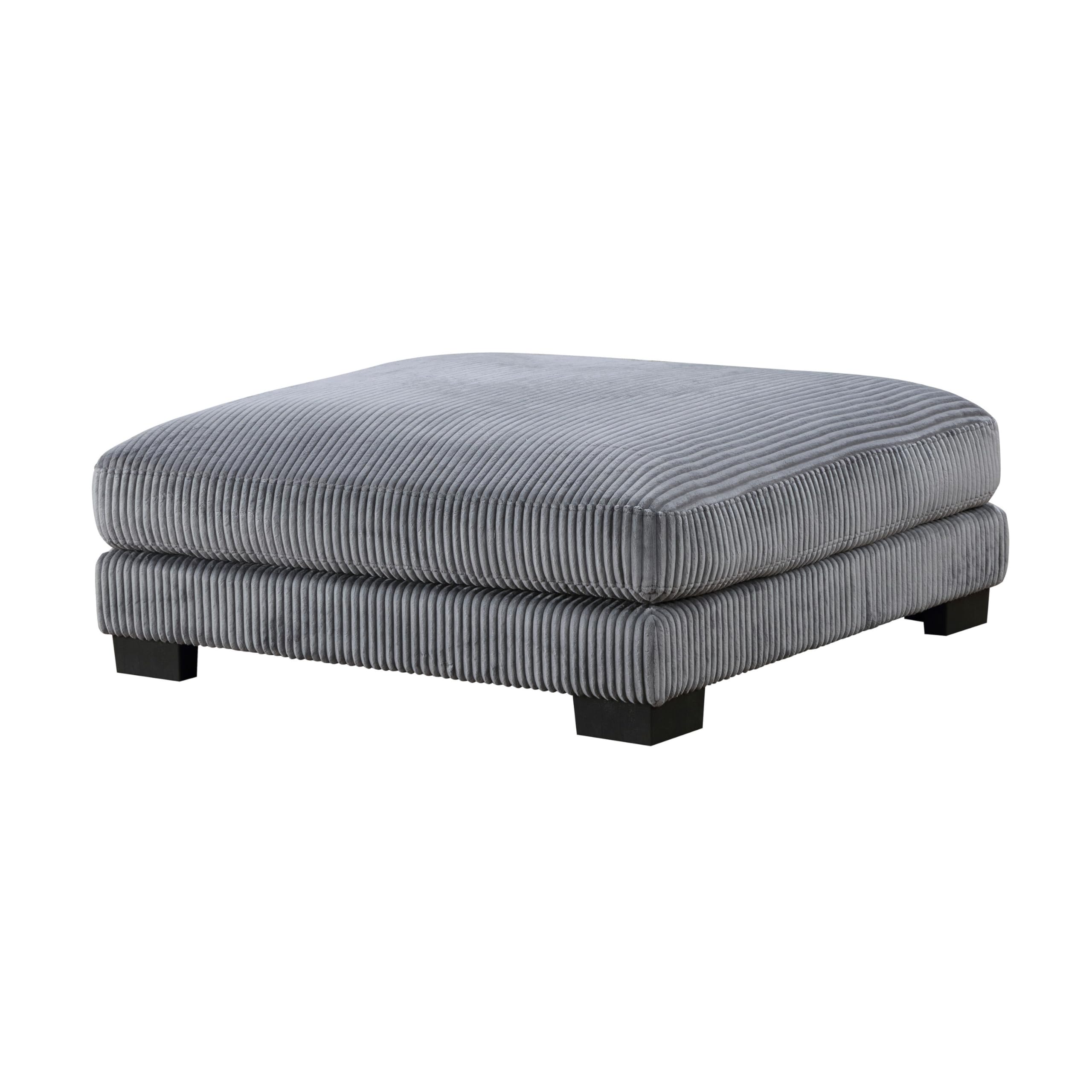 Rix 45 Inch Ottoman, Attached Seat Cushion in Gray Corduroy Fabric, Wood