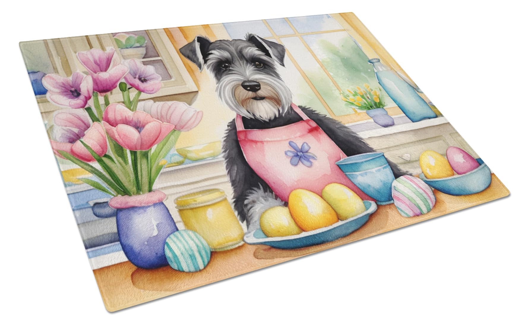 Carolines Treasures DAC6893LCB Decorating Easter Schnauzer Glass Cutting Board Decorative Tempered Glass Kitchen Cutting and Serving Board Large Size Chopping Board