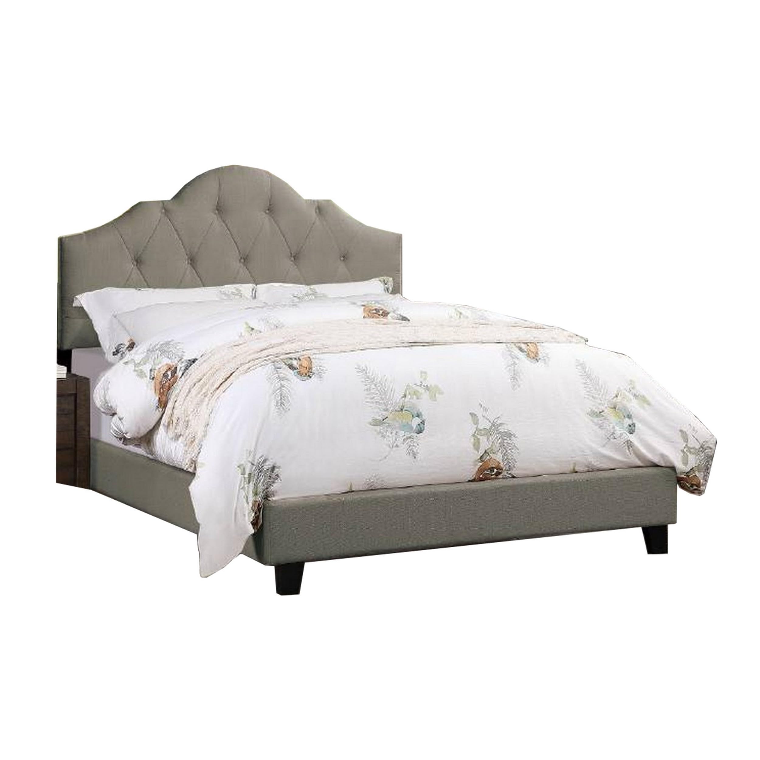 Eni Upholstered Queen Size Bed, Tufted Adjustable Headboard, Gray Fabric