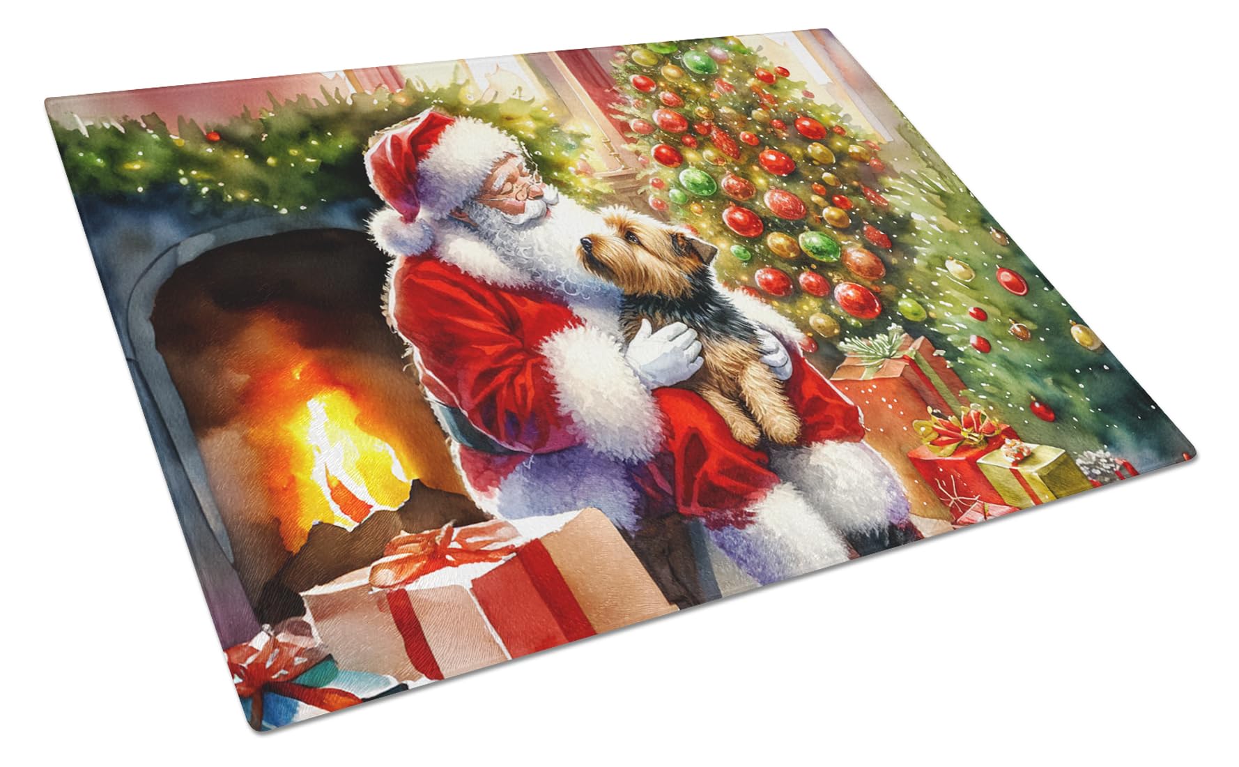 Carolines Treasures DAC4144LCB Norfolk Terrier and Santa Claus Glass Cutting Board Decorative Tempered Glass Kitchen Cutting and Serving Board Large Size Chopping Board