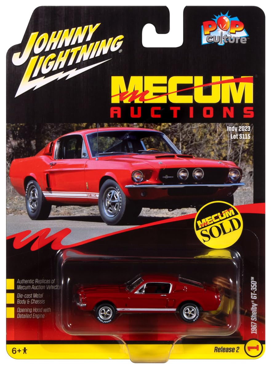 1967 Shelby GT-350 Red with White Side Stripes Mecum Auctions ?Pop Culture? 2024 Release 2 1/64 Diecast Model Car by Johnny Lightning