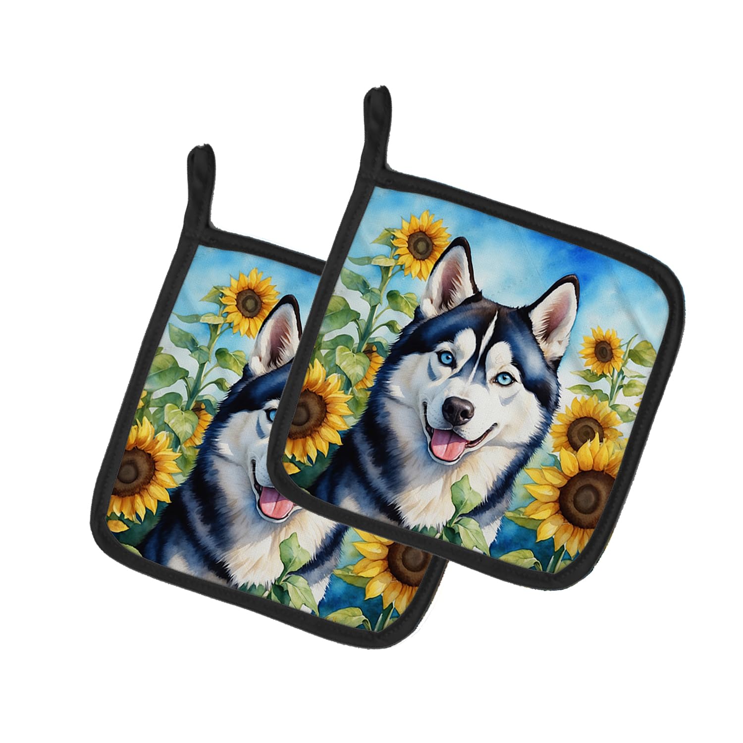 Siberian Husky in Sunflowers Pair of Pot Holders