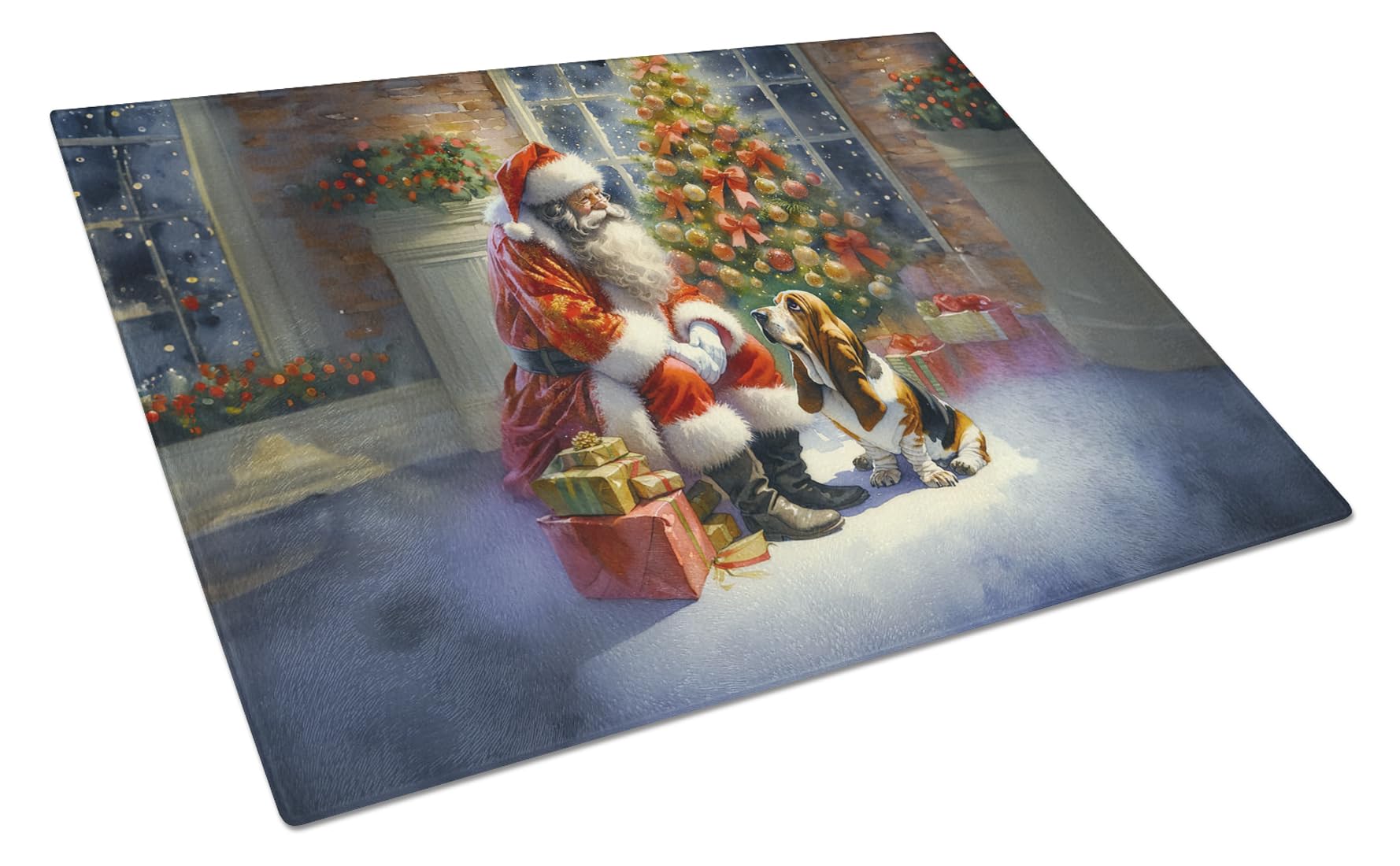 Carolines Treasures DAC4063LCB Basset Hound and Santa Claus Glass Cutting Board Decorative Tempered Glass Kitchen Cutting and Serving Board Large Size Chopping Board