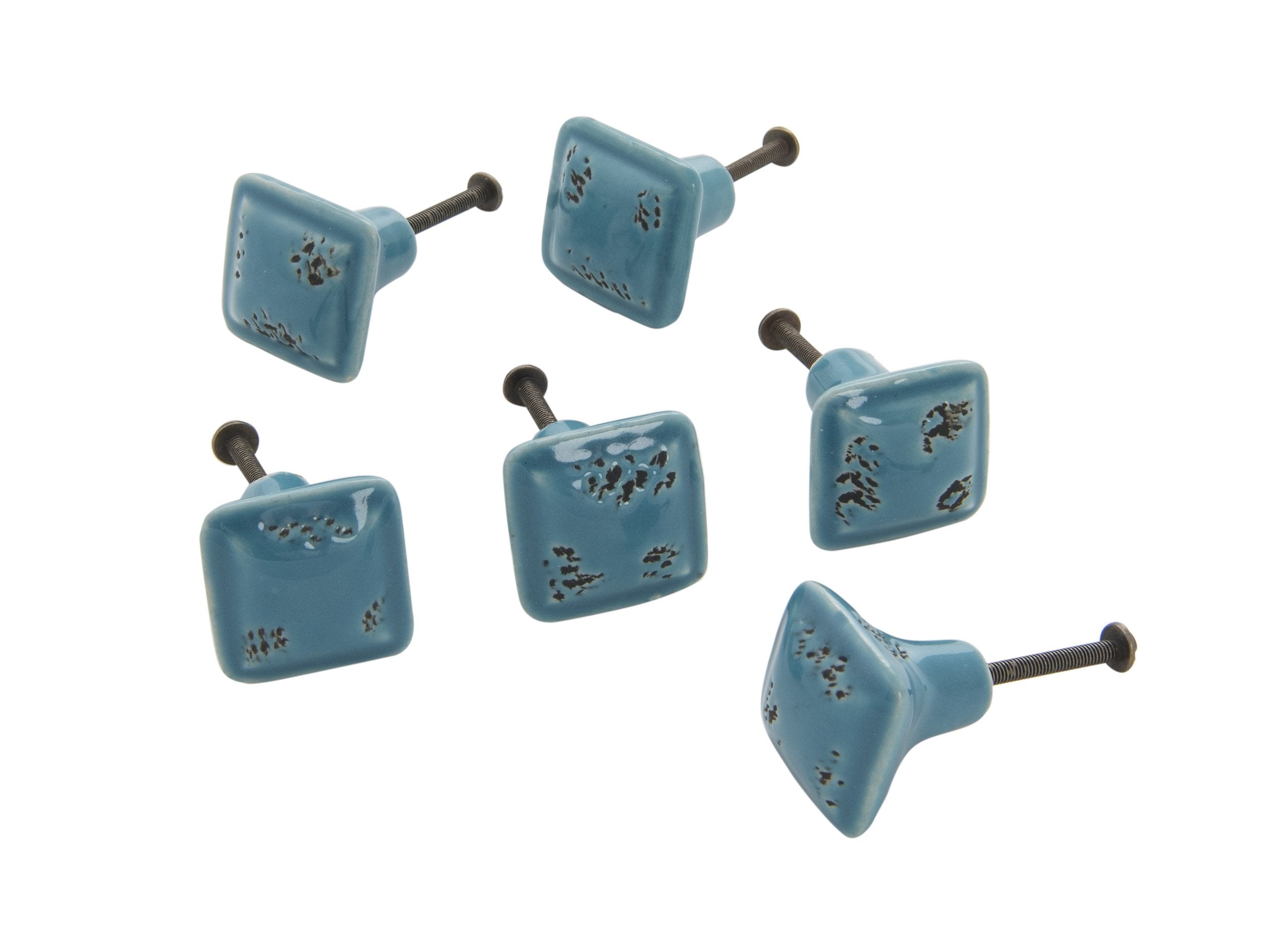 Ceramic Distresd Squre Knob/Turquoise Set of 6