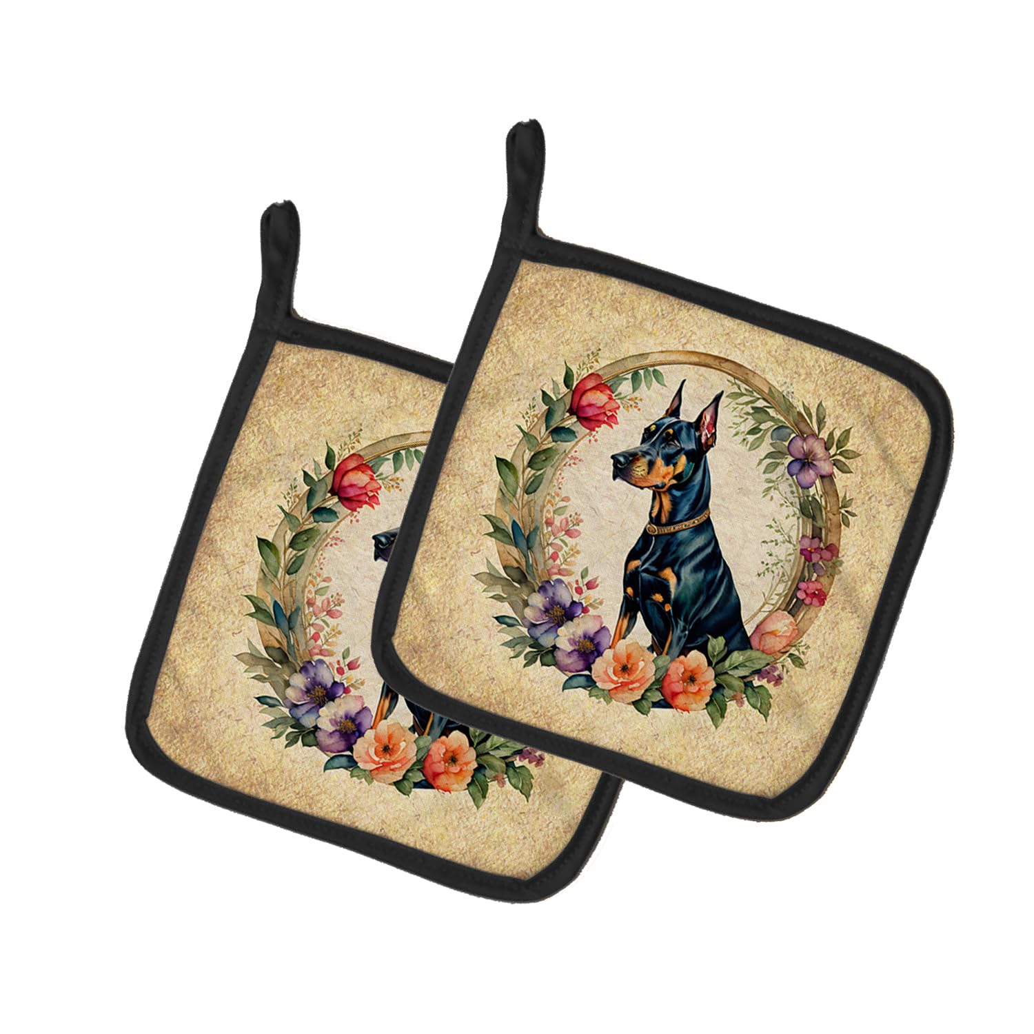 Doberman Pinscher and Flowers Pair of Pot Holders