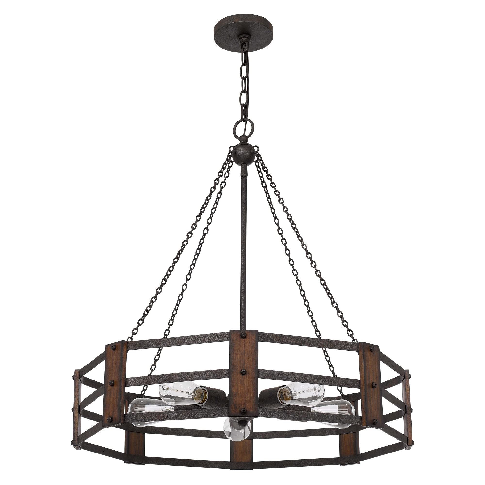 Chandelier with Octagonal Cage Design Metal Frame and Wood Accents, Brown